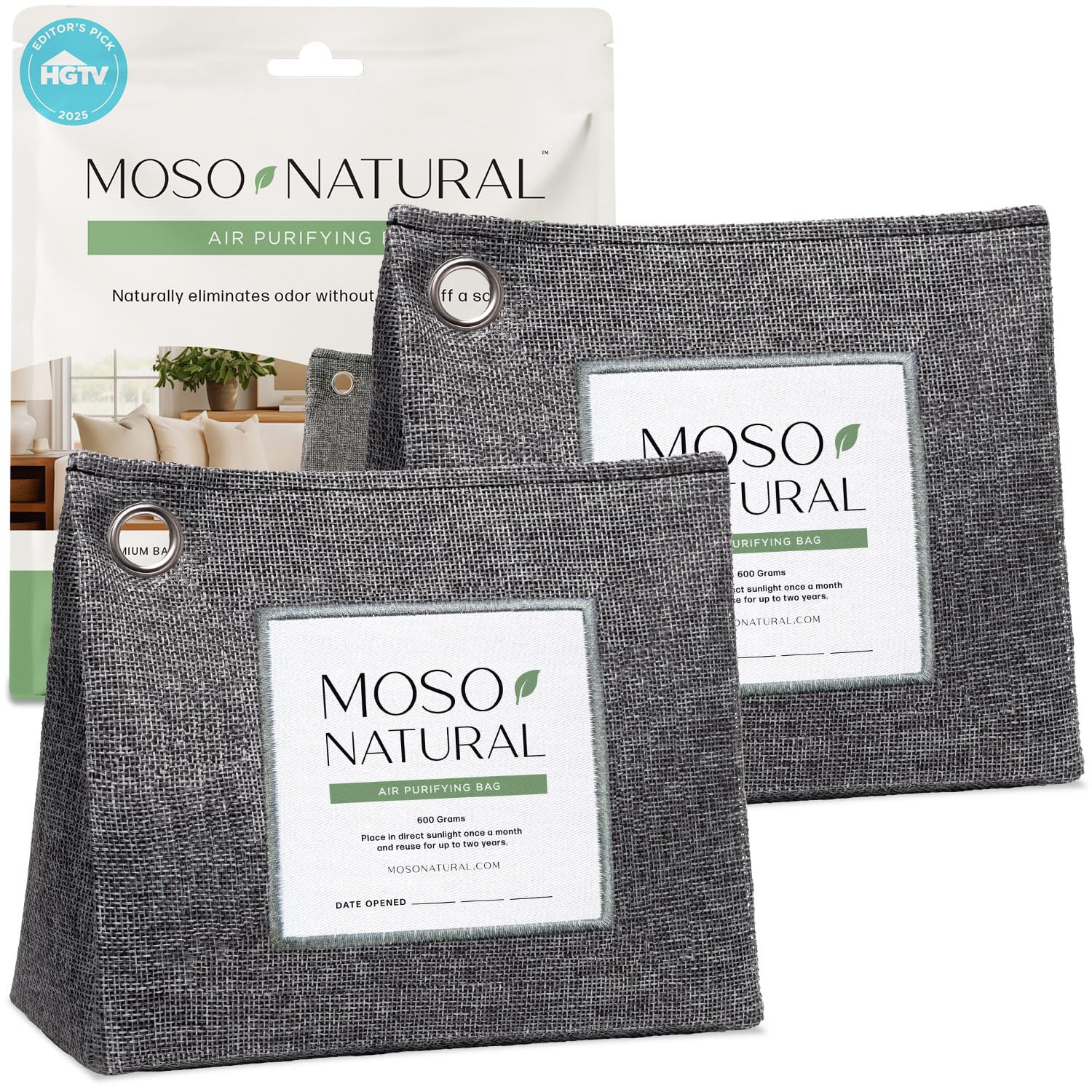 Moso Natural Air Purifying Bag 600g (2 Pack). A Scent Free Odour Eliminator for Kitchens, Bedrooms, Living Rooms, Pet Areas. Premium Moso Bamboo Charcoal Odour Absorber. Freestanding Design.