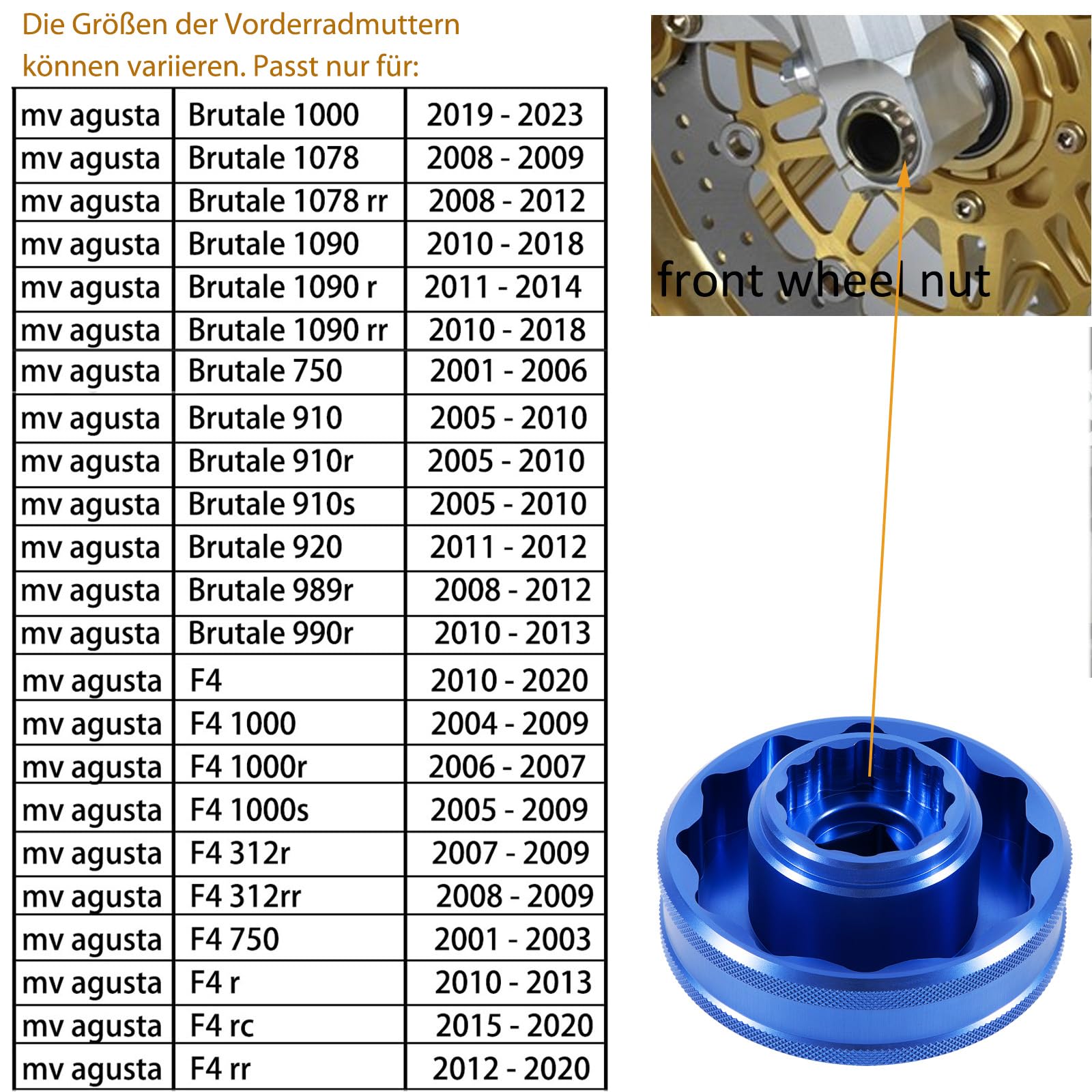Chiave a bussola poligonale per dadi mozzo MV AGUSTA 56 mm posteriore 26 mm anteriore