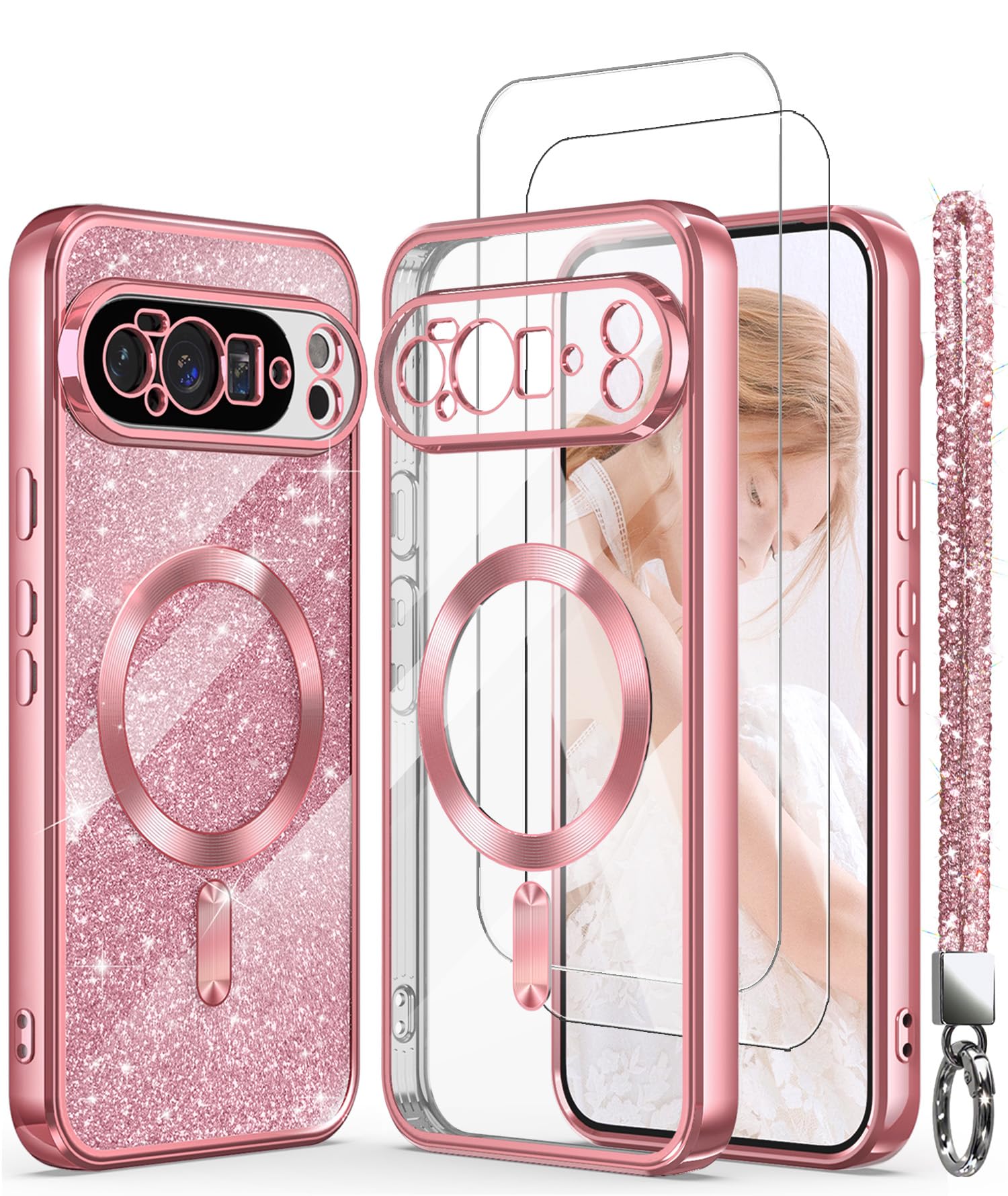 Magnetic for Google Pixel 10 Pro XL Case + 2X Screen Protectors,Luxury Plated Gold Edge [Glitter Card&Wrist Strap] Slim Soft Crystal Clear TPU Shockproof Case Cover for Pixel 10 Pro XL-Pink