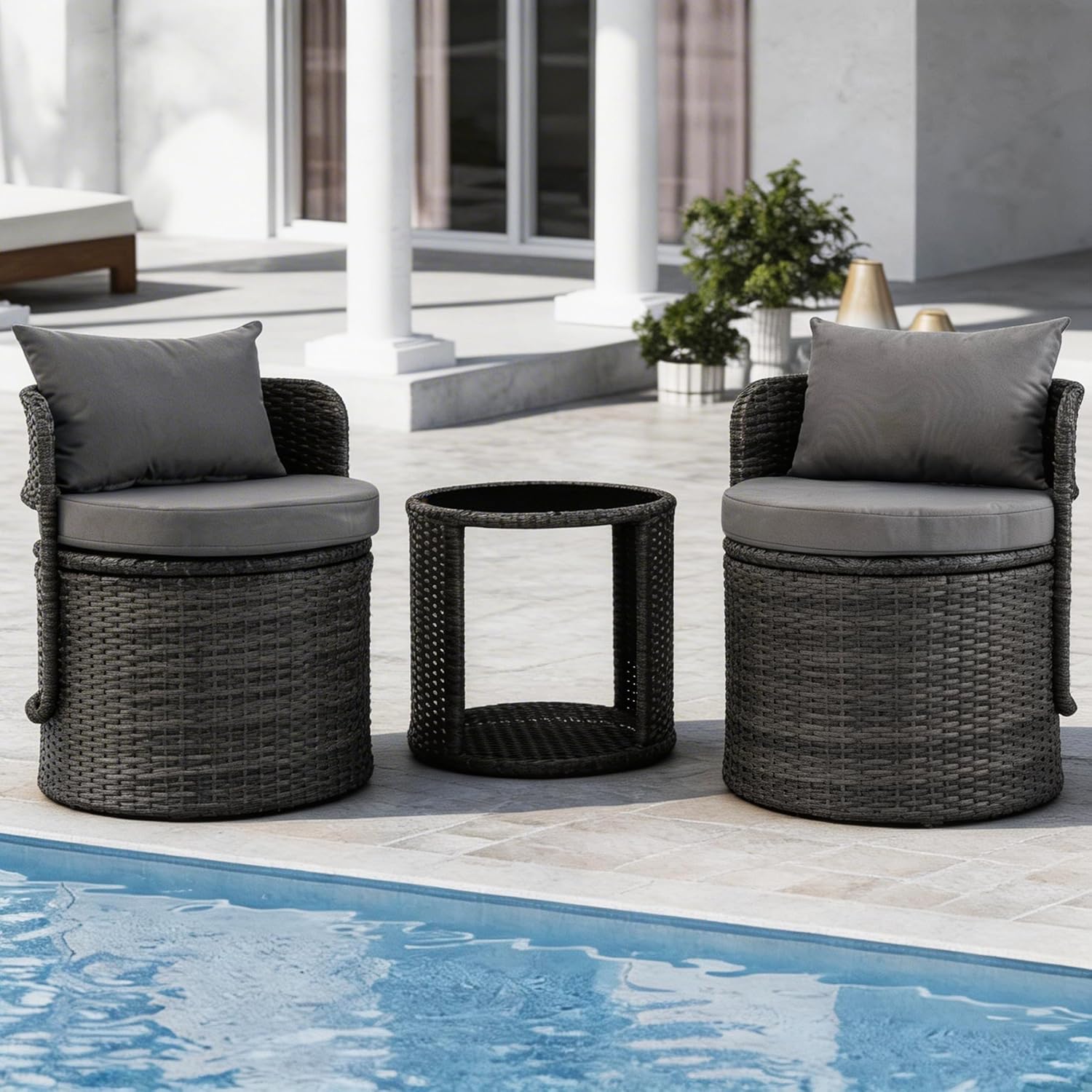 3 Piece Outdoor Patio Bistro Set with Storage, Wicker Conversation Chair Set with Glass Table, Modern Balcony Furniture for Garden, Porch, Backyard, Grey
