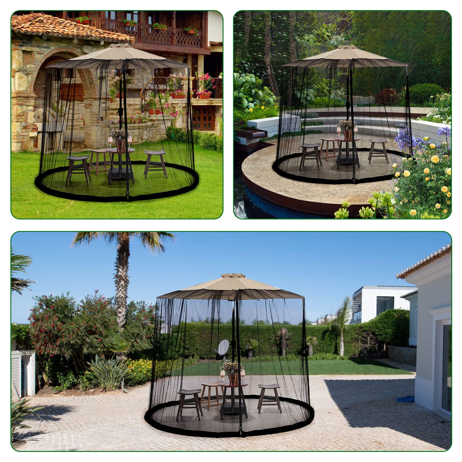 LiveGo Terrassenschirm, Moskitonetz, Polyester-Netzschirm, universeller Schirm, Moskitonetz mit Reißverschluss-Tür und verstellbarem Seil, passend für Outdoor-Regenschirme und Terrassentische
