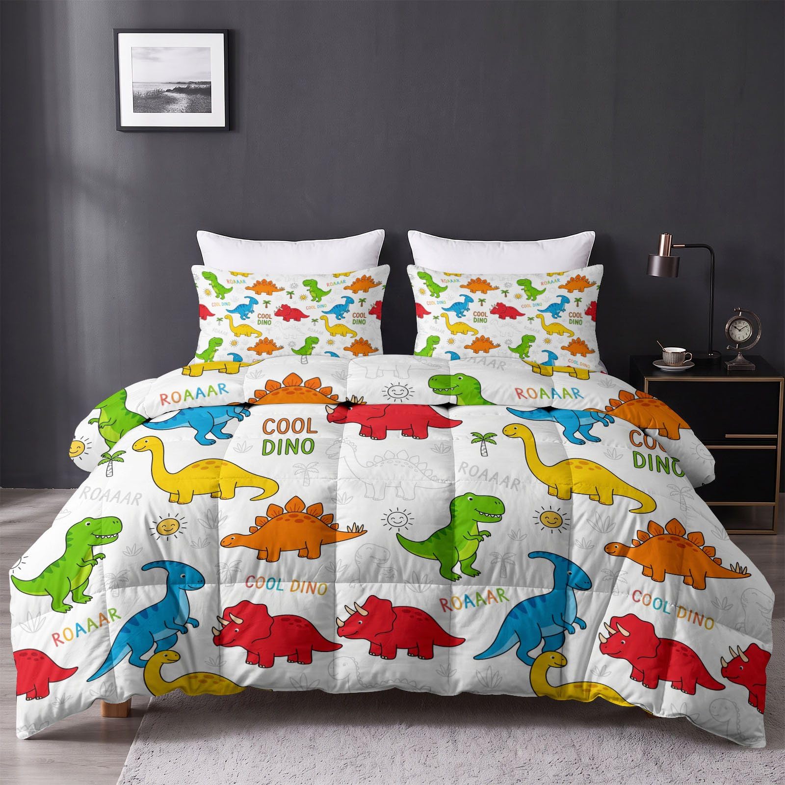 Couette 220x240 cm 4 Saisons Dessin Animé Animal Jungle Imprimée | Édredon Réversible sans Housse Respirante, 2 Taies 65x65cm, Dinosaure Palmier Soleil, Couette Légère Microfibre Douce, Multicolore