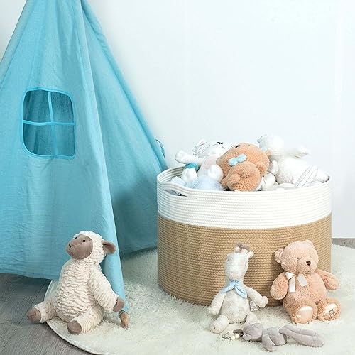 Miniatura 3 de MINTWOOD Design Canasta decorativa de cuerda de algodón tejida extra grande de 22 x 14 pulgadas, canasta de lavandería, canasta de manta, canasta de