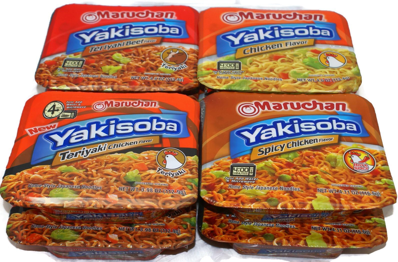 Variety Pack - Maruchan Yakisoba Japanese Noodles (4 oz) - x2 Teriyaki Beef, x2 Spicy Chicken, x2 Chicken, x2 Teriyaki Chicken