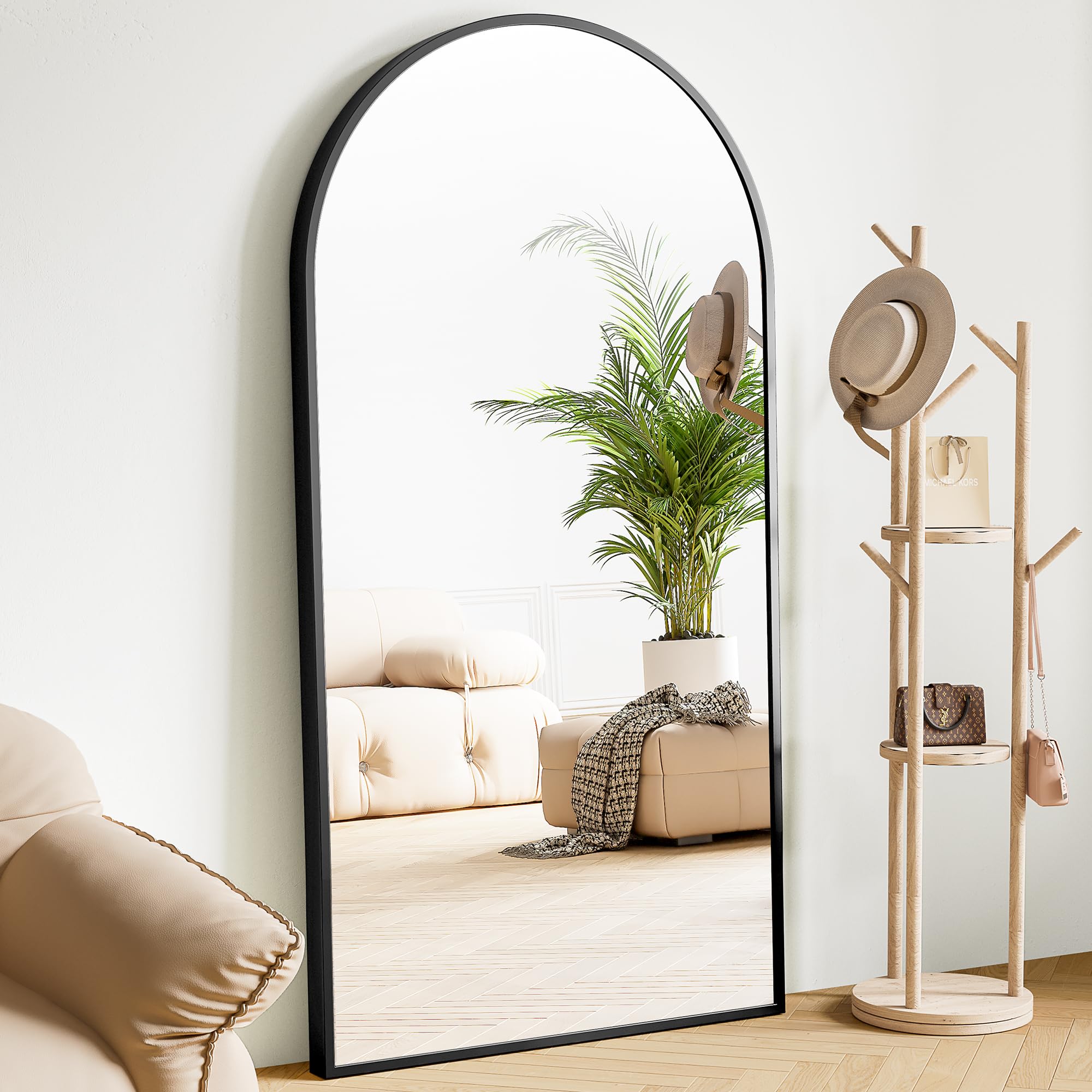 JHK Arched Full Length Mirror 36” x ” Full Body Floor Mirrors Standing Hanging Leaning Large Long Tall with Stand Sturdy Aluminum Frame for Bedroom, Cloakroom, Living Room, Home, Black