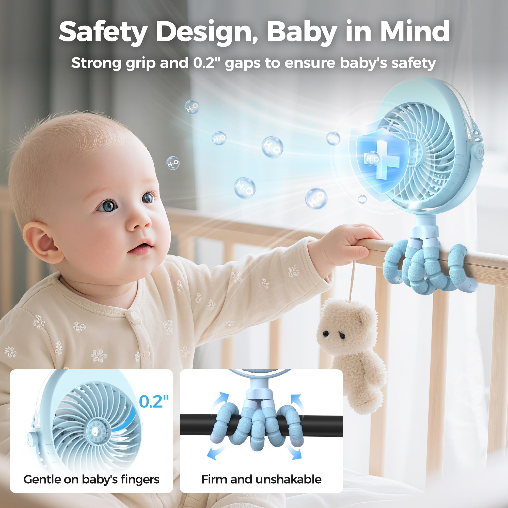 Ventilateur de poussette avec fonction d'humidification, ventilateur de table avec pied flexible, réservoir d'eau de 50ml, pivotant à 270°& 360°, ventilateur USB pour siège auto tapis roulant vélo