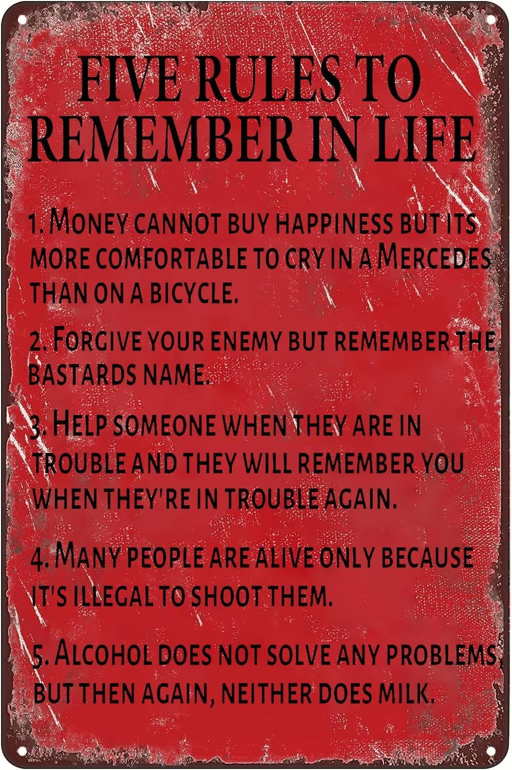 SMAZDFXX Five Rules to Remember in Life Tin Sign Vintage Metal Signs Motivational Quotes Inspirational Wall Art Decor Tin Painting for Man Cave Bar Home Outdoor Indoor Plaques 8"x12"