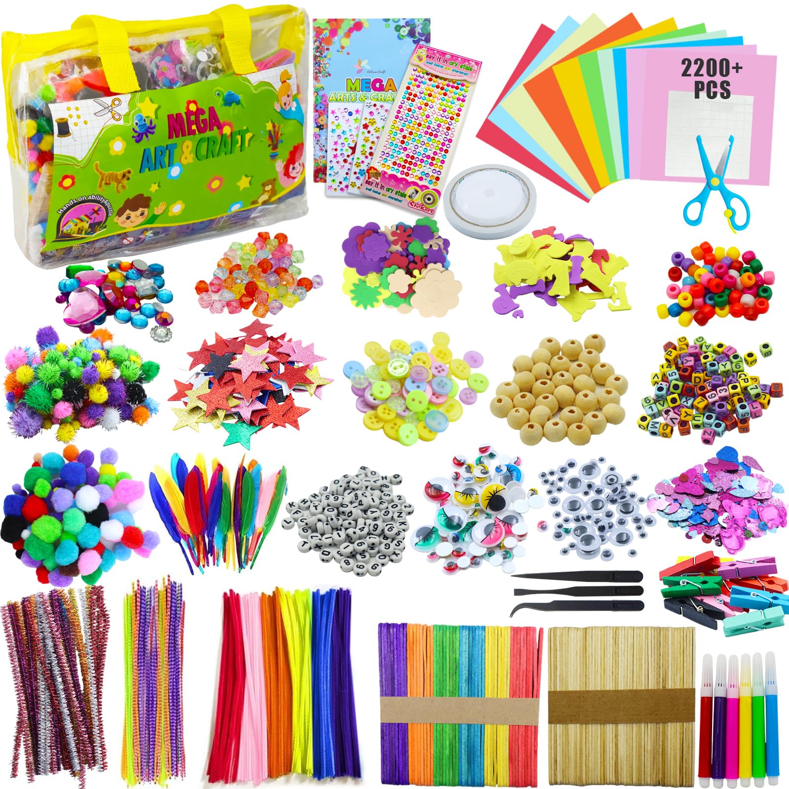 NINGESHOP Kit Bricolage Enfant, 2200+Pièces Enfant Feutrine Loisirs Creatif DIY Activites Manuelles,Pipe Cleaners Crafts Set, Fournitures Éducatives, Loisirs Créatifs, Plumes,Yeux écarquillés