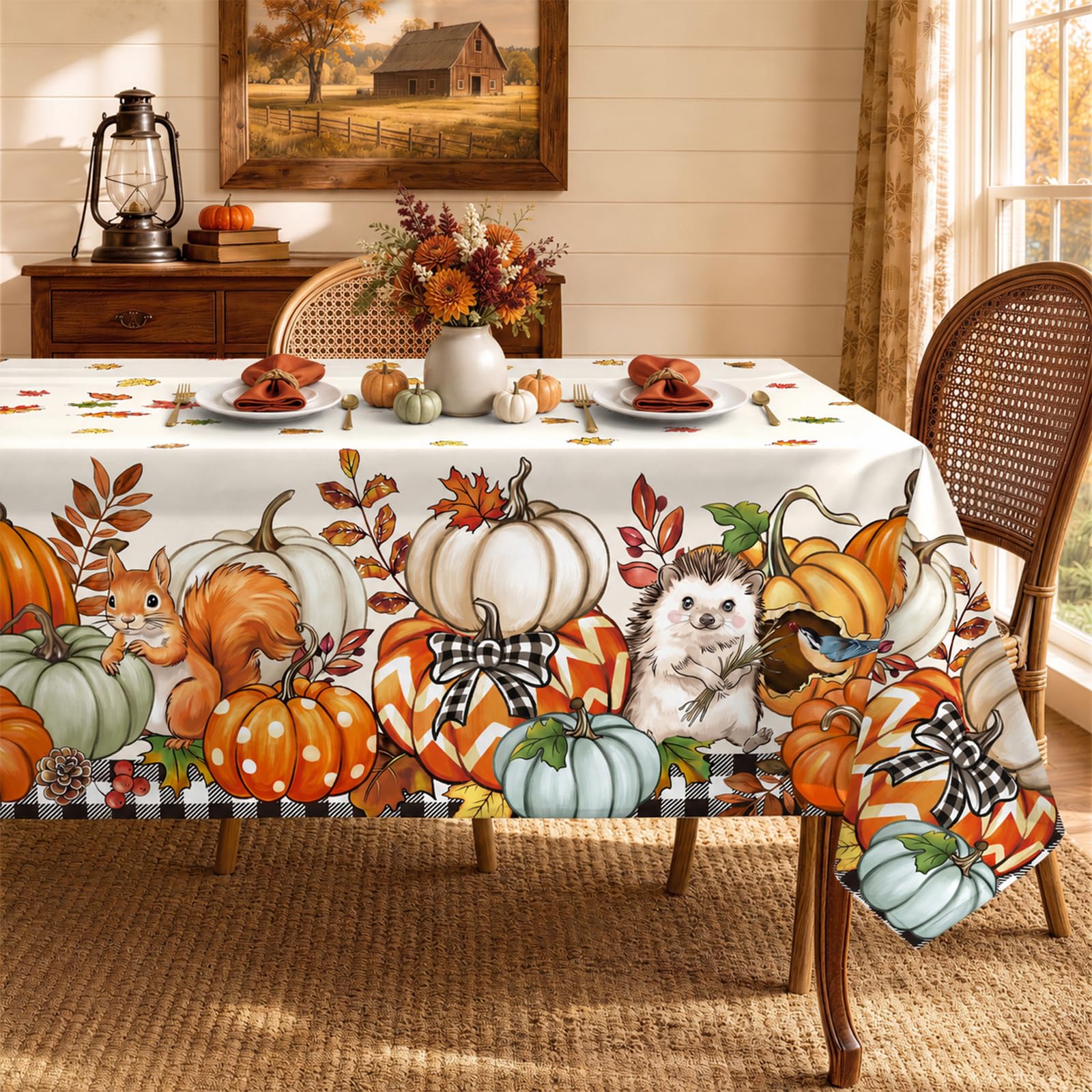 Arquiel Autumn Pumpkin Polyester Tablecloth, Buffalo Plaid, 152 x 304 cm