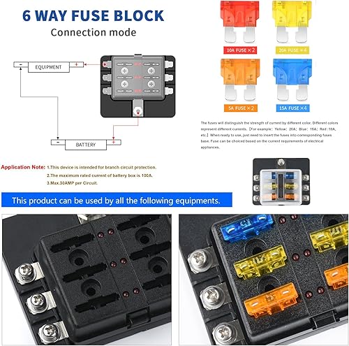 Miniatura 4 de Cuchilla de caja de fusibles de 12 V de 6 vías, caja de fusibles de 12 V con indicador LED, cubierta de humedad y polvo, soporte de caja de fusibles