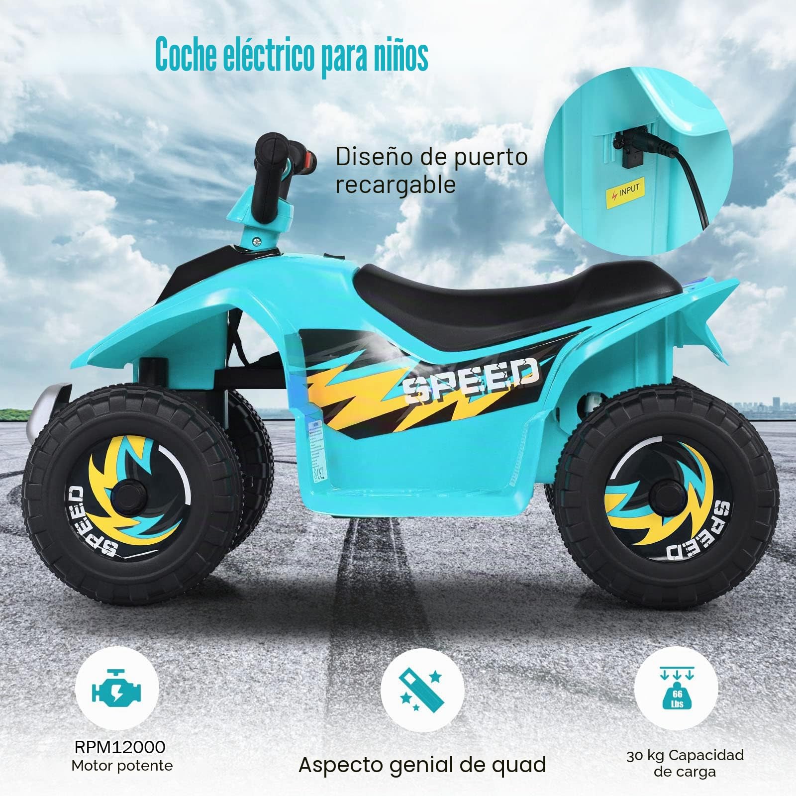GOPLUS Quad Eléctrico ATV 6V para Niños de 3+ Años, Moto Electrica Infantil con Función Delante y Atrás, Vehículo Eléctrico con Velocidad 2.8-4.6 km/h, Carga Máxima 30 KG, 73 x 40 x 44,5 cm, Azul