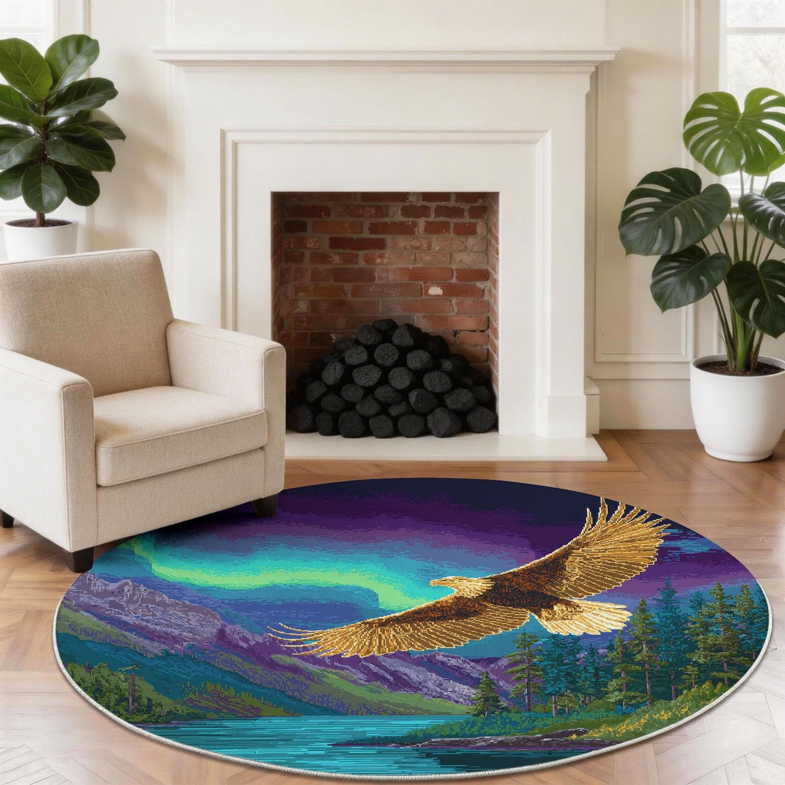 Tappeto rotondo lavabile, 150 cm, viola, verde, rotondo, per soggiorno, camera da letto, tappeto retrò con aquila dorata e luci polari, a pelo corto, rotondo, per sala giochi
