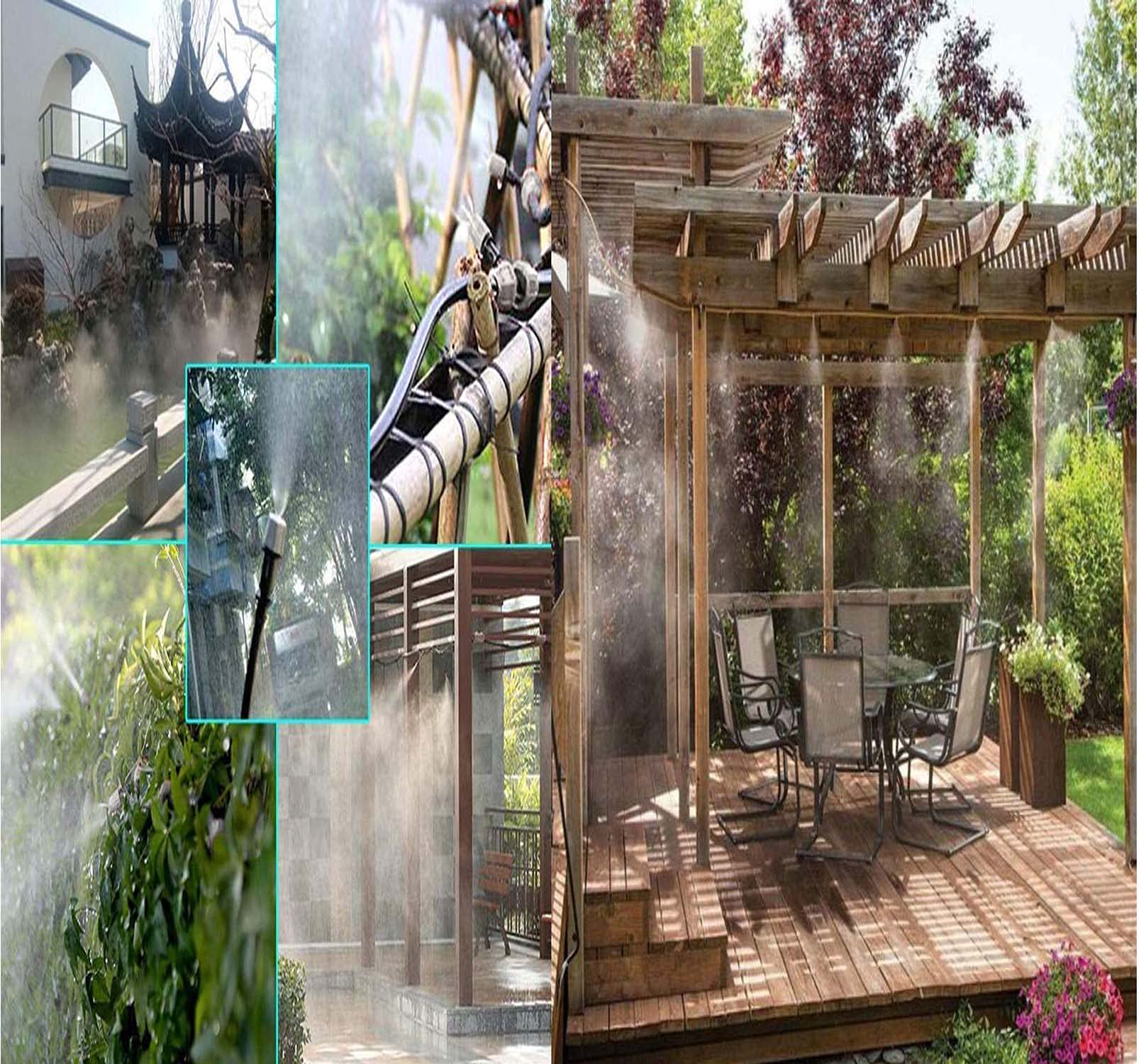 DIY Crafts Home Garden Patio Misting Micro Flow Drip Irrigation Misting Cooling System Plastic Mist Nozzle Sprinkler for Plant Flower (24 Pcs Mist Kit, Included Pipe + Faucet Connector + Accessory)
