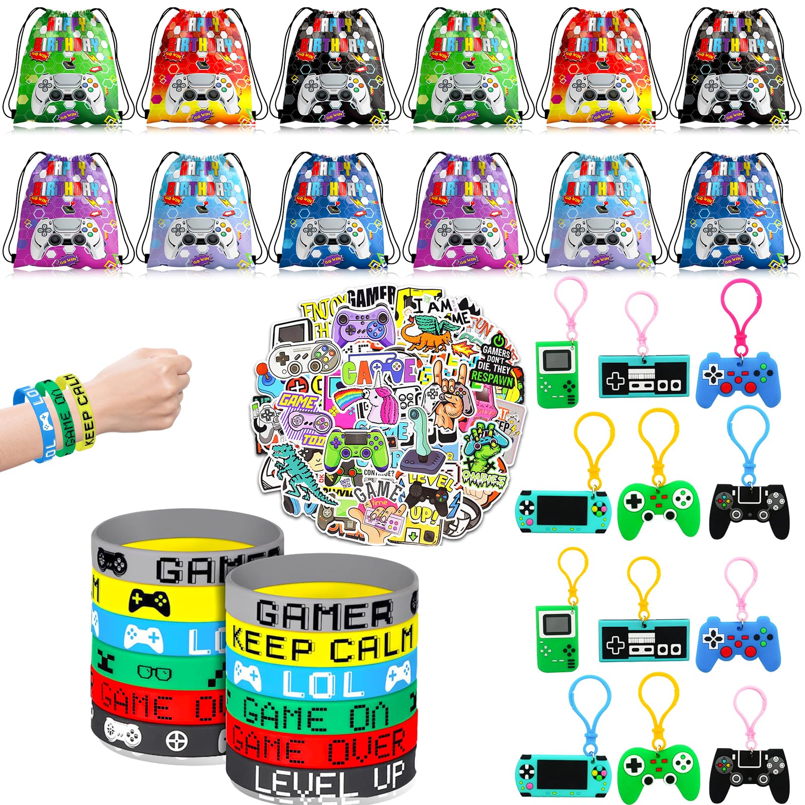 EKKONG 86pcs Gaming Party Bag Fillers with Miner Party Drawstring Bags Keychain Silicone Bracelet Stickers Video Game Party Favours Miner Party Supplies Pinata Goodie Bag Fillers for Kids Boys