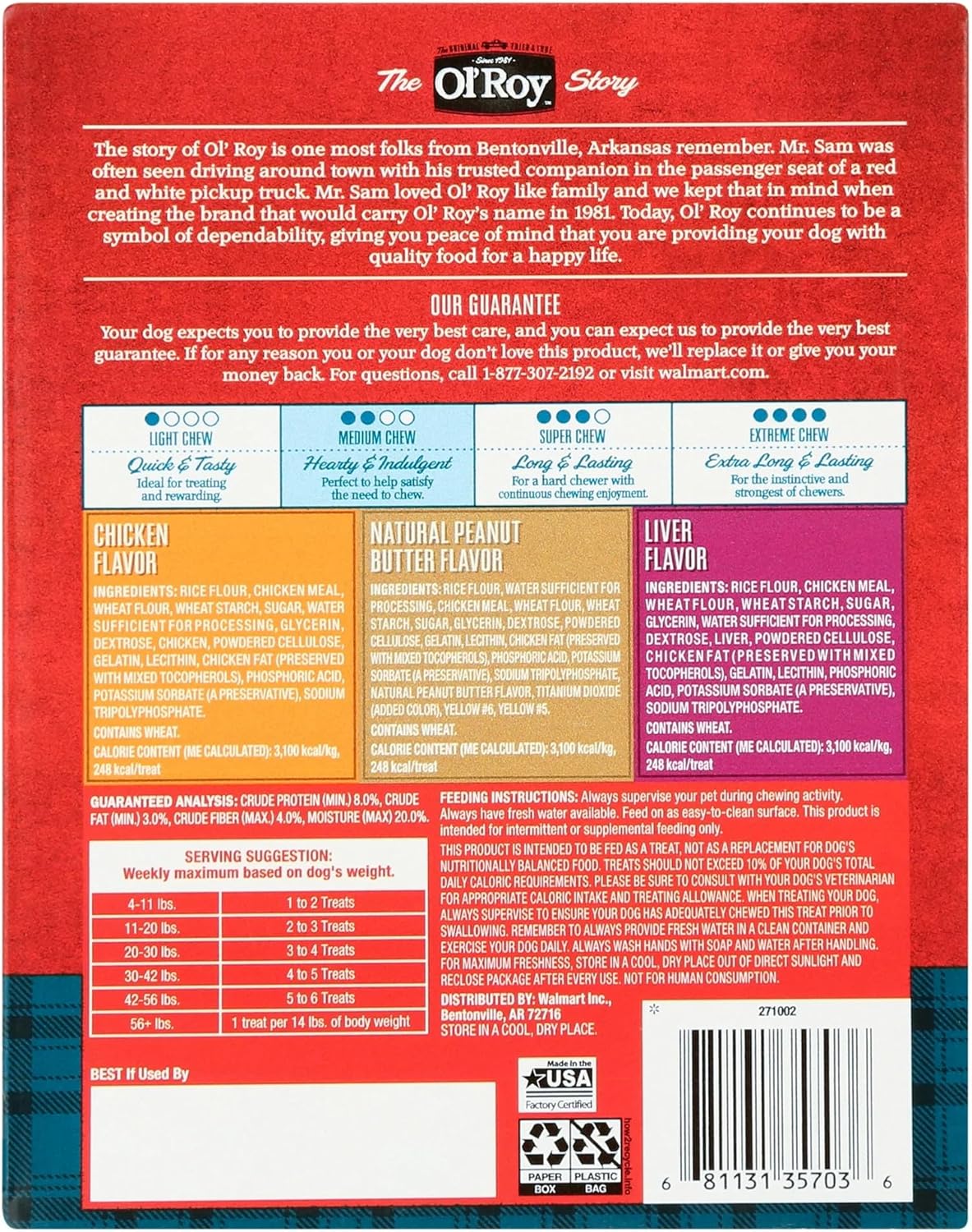 Ol's Roy Munchy Bones Dog Treats Value Pack, Original Chicken, Liver & Peanut Butter, Long lastin, Tail Waggin Bone Chews 21 Count (1 Box, Original Chicken, Liver & Peanut Butter)