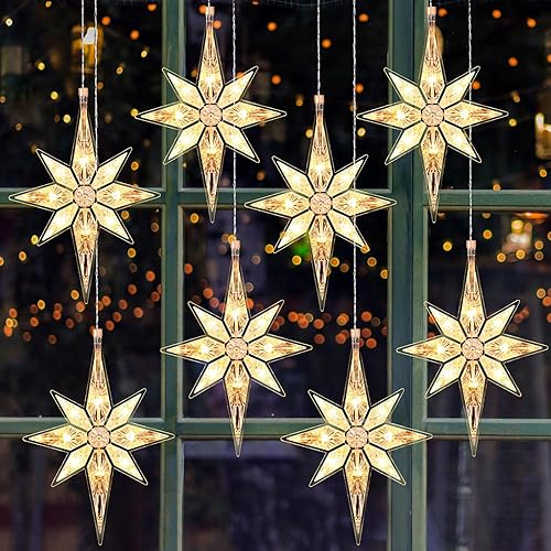 Miniatura 5 de Mudder 8 luces de estrella de Navidad de 10.8 pulgadas, decoración de árbol de estrella iluminada de plástico, estrellas colgantes grandes, luces
