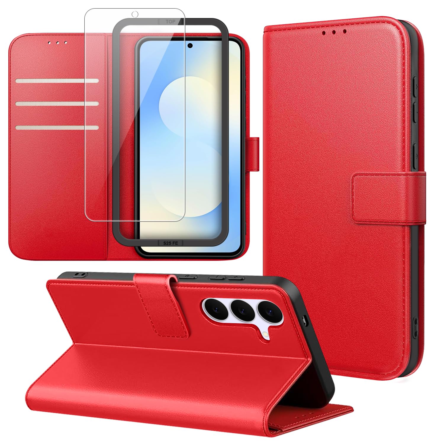 Cover Compatibile con Samsung Galaxy S25 FE 5G, con 1 Pezzo Vetro Temperato Pellicola Protettiva e 1 Pezzo Strumento di Installazione Semplice, Premium Pelle PU Libro Flip Custodia - Rosso