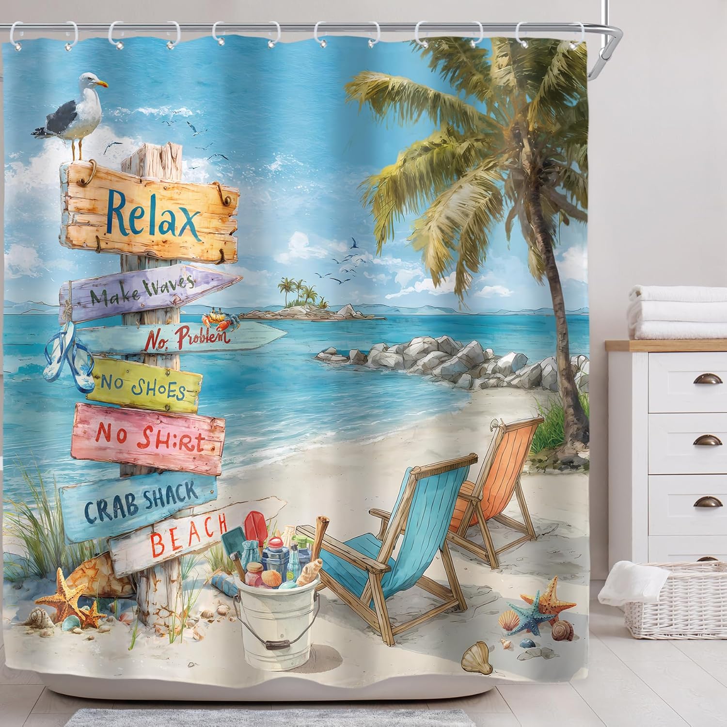 Riyidecor Ocean Beach Shower Curtain for Bathroom Decor 72Wx72H Tropical Palm Tree Coastal Nautical Summer Blue Seaside Starfish Seashell Art Printed Fabric Polyester Waterproof 12 Pack Plastic Hooks