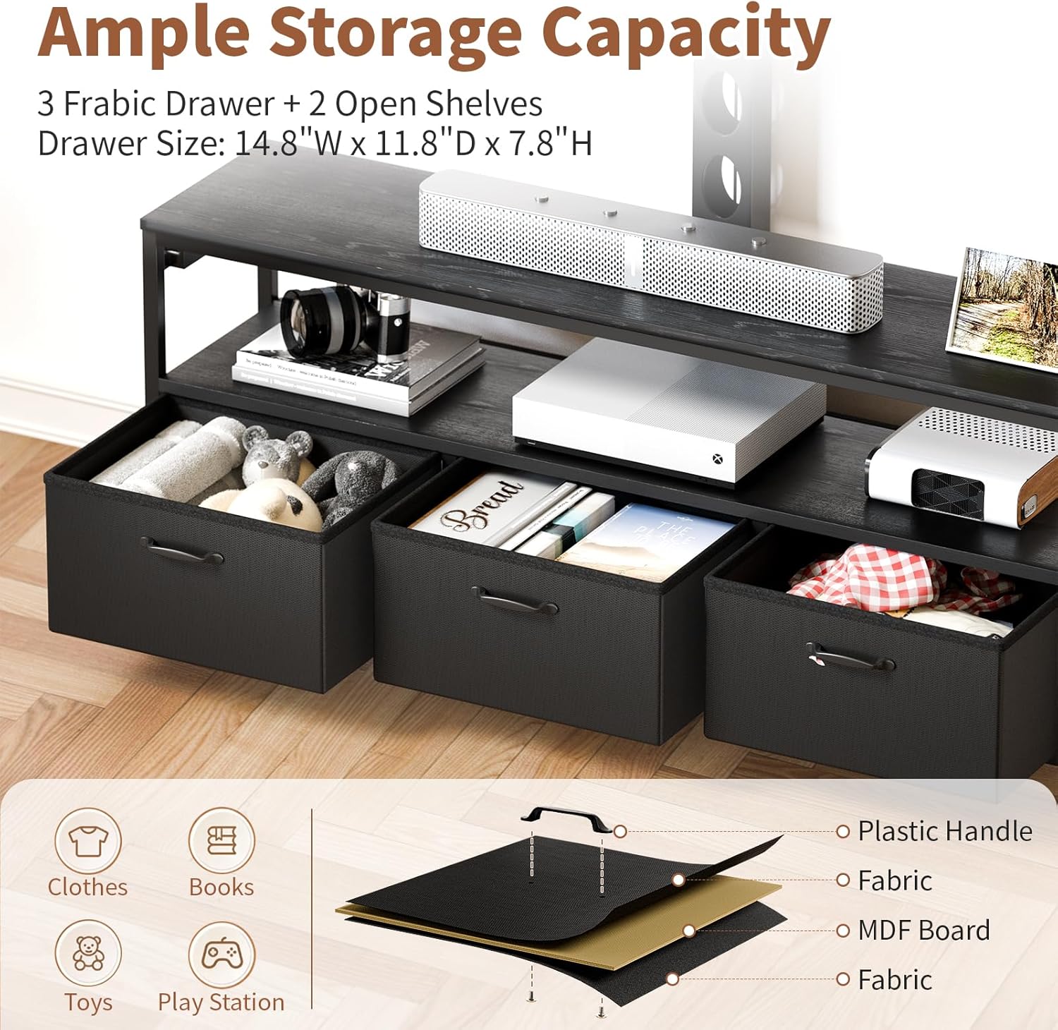 JUSTOGO TV Stand with Mount and Power Outlet, TV Stand Mount with Storage for Living Room, Entertainment Center with LED Lights for 45/55/60/65 inch, Height Adjustable Media Console, Black - Image 6