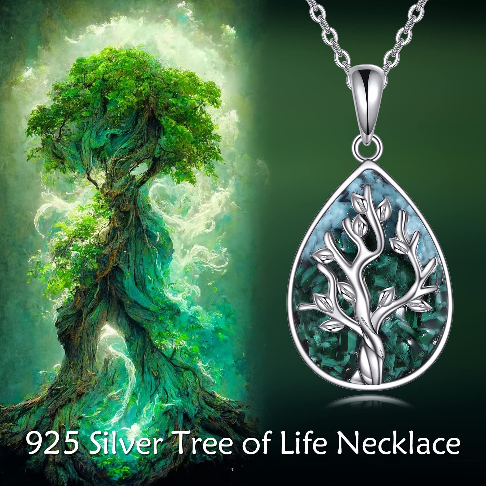 AXELUNA Malachit-Halskette „Baum des Lebens“, Tropfenanhänger aus 925er Sterlingsilber mit Malachit, spiritueller Naturschmuck für Frauen, Geschenk für Wachstum und Verbundenheit