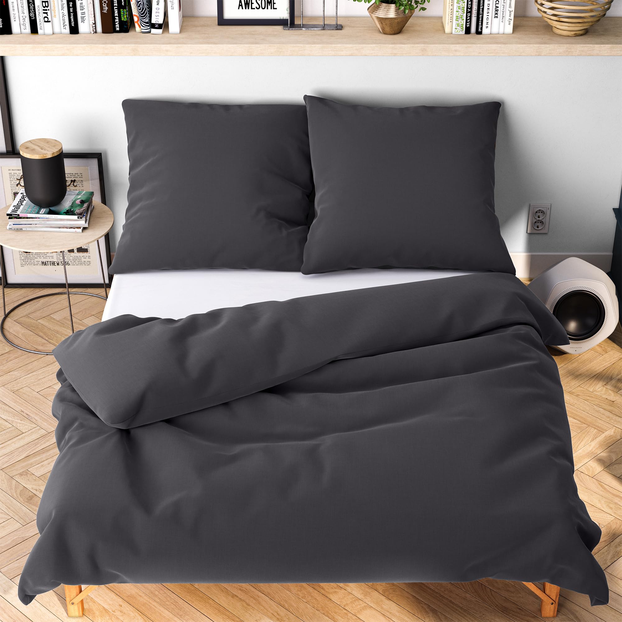 Wolkenfeld Bettwäsche 220x240 cm 3teilig – Anthrazit - kuschlig weich & bügelfrei – ÖKO-TEX Zertifiziert – Mikrofaser Bettwäsche-Sets 1x Bettbezug 240x240 + 2X Kissenbezug 80x80