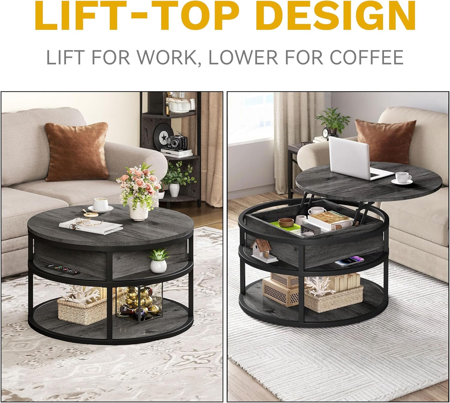 DWVO Round Coffee Tables for Living Room, Lift Top Coffee Table with Storage, Farmhouse Wood Coffee Table, Circle Small Coffee Tables Living Room for Home Decir Office, Grey