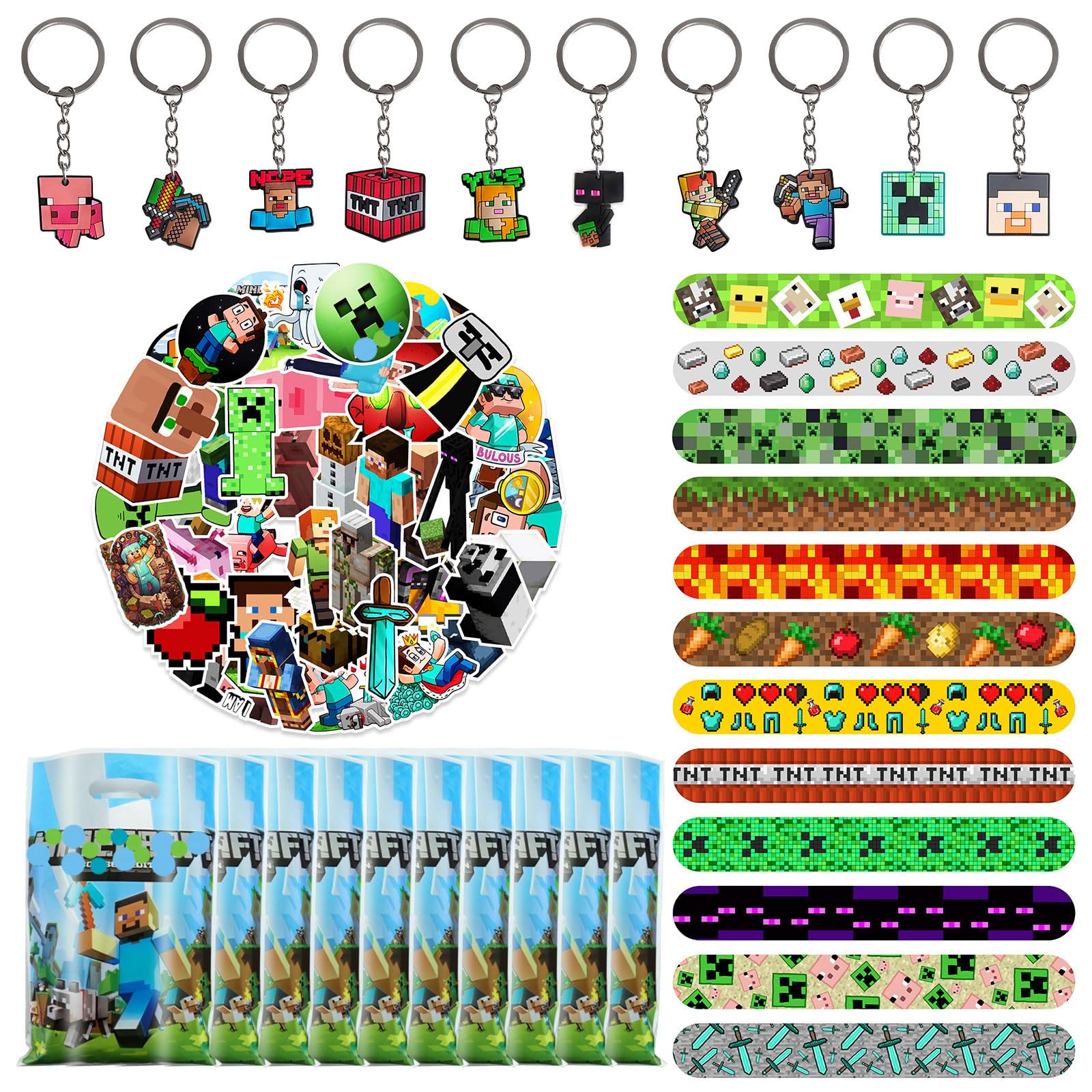 Set da 82 pezzi per feste di compleanno, con 50 adesivi, 10 sacchetti regalo, 12 nastri a scatto e 10 portachiavi stile 1
