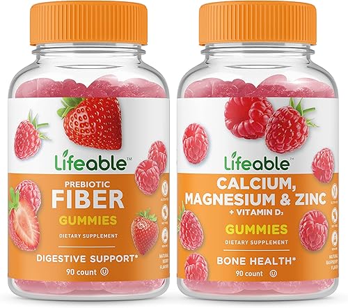 Lifeable Fibra prebiótica 0.18 oz + calcio, magnesio, zinc y vitamina D, paquete de gomitas  Gran sabor, suplemento vitamínico, sin gluten, sin OMG,
