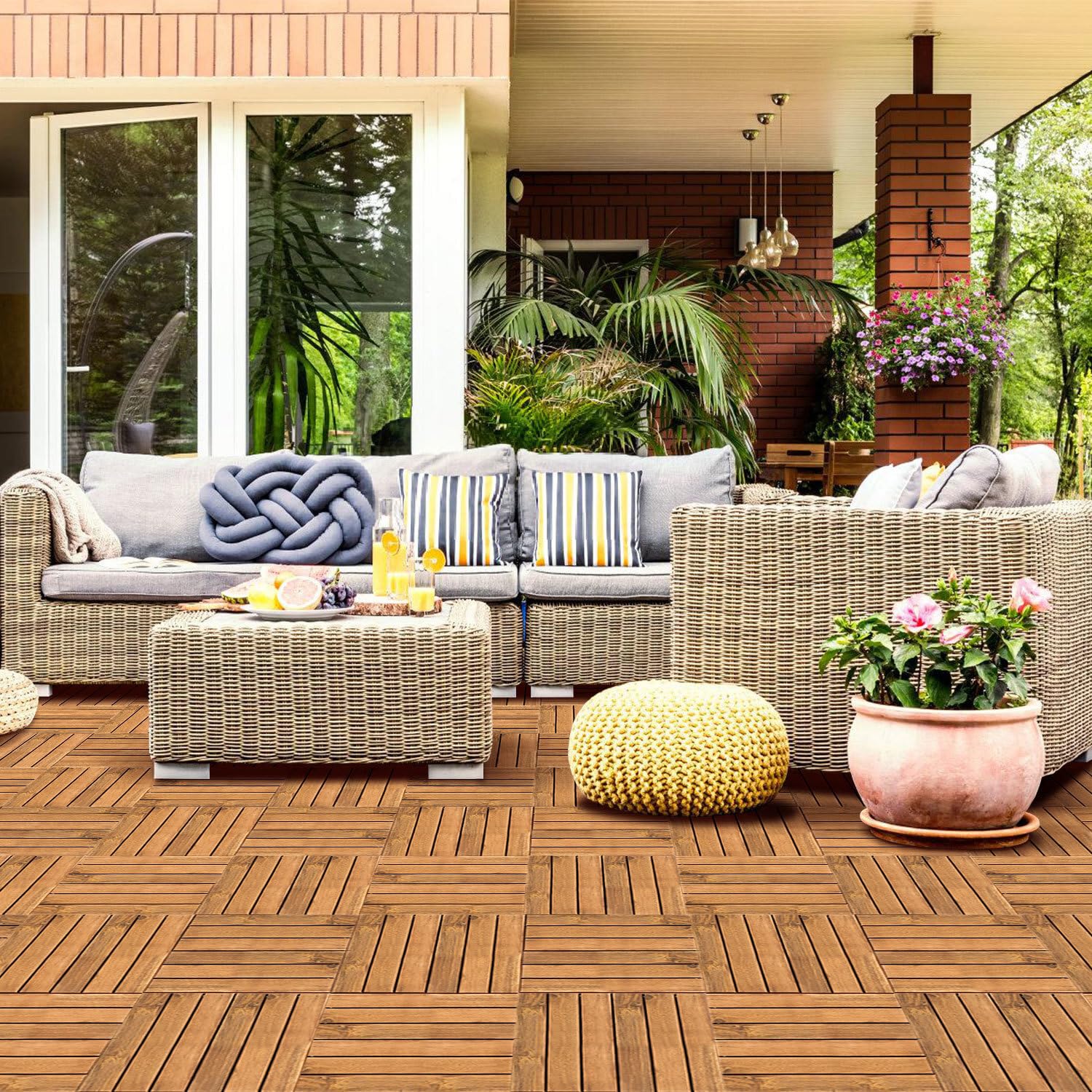 Baldosas de madera para balcón y terraza, madera de acacia, 30 x 30 cm, con sistema de drenaje, 6 láminas de 55 unidades (5 m²), revestimiento de suelo para exteriores, resistente a la