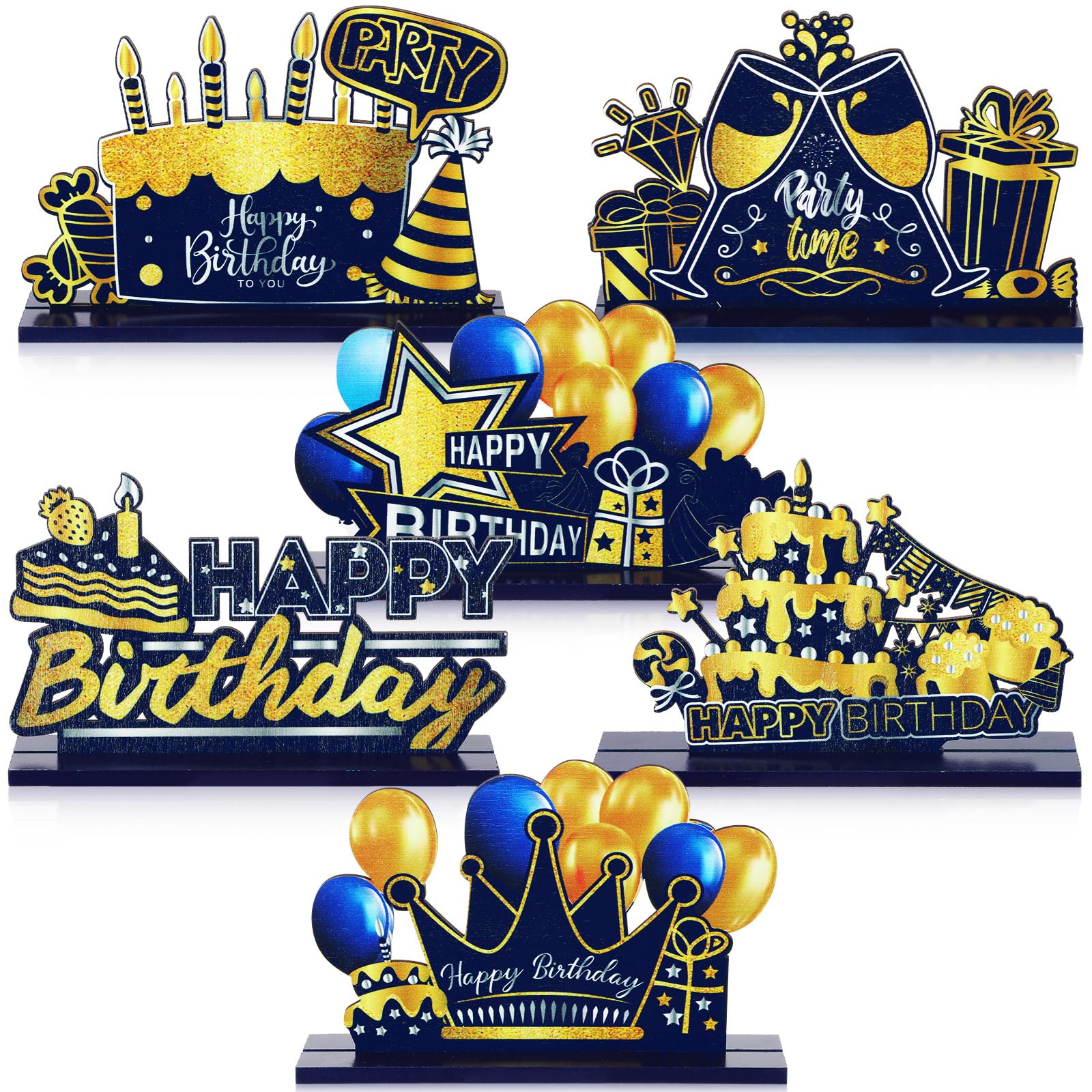 Leinuosen 6 Pieces Happy Birthday Table Centerpiece Happy New Year Wooden Sign Table Topper Party Decoration for Women Men Birthday Baby Shower Photo