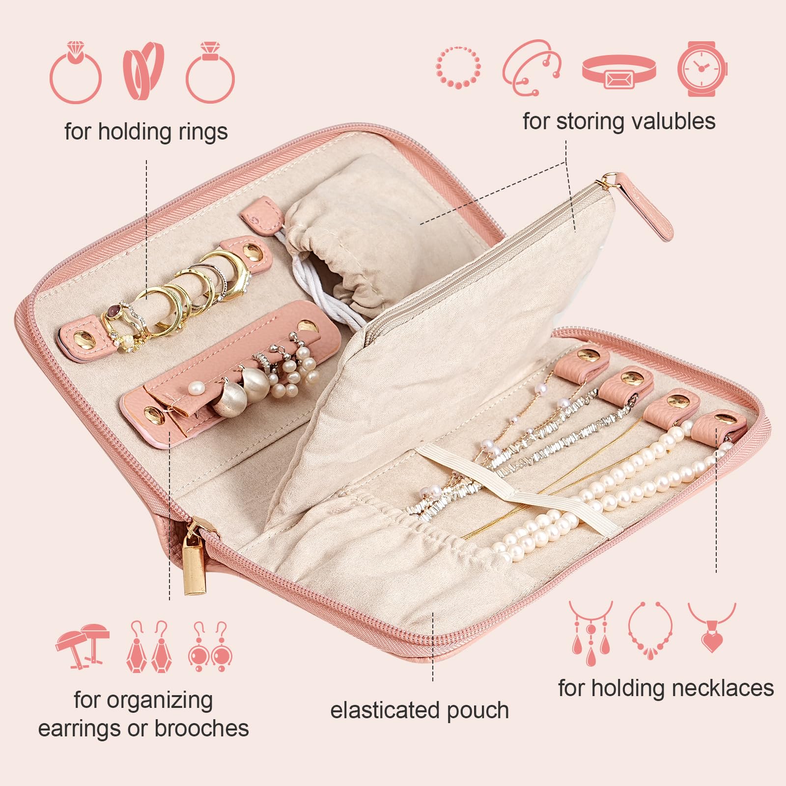 TRIXES Cartera de viaje para joyas, soporte de piel vegana rosa con cremallera para anillos, pendientes, pulseras y collares, etc. - Accesorio esencial de viaje