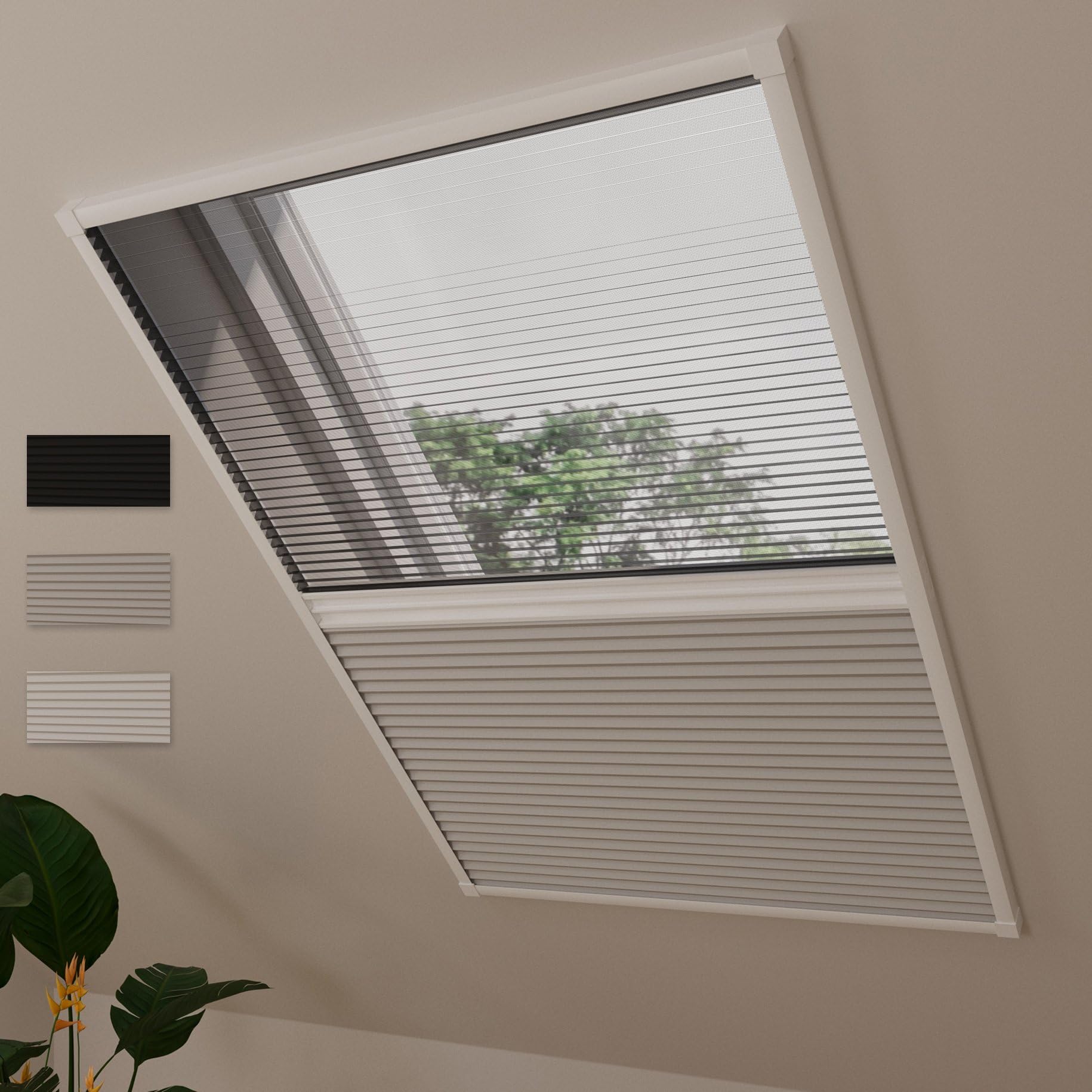 DTCH® Dachfenster Plissee mit Insektenschutz, grau, 80 x 120 cm | Verdunkelung und Fliegengitter in einem, Wabenfalte silberbeschichtet, Hitzeschutz, Aluminium-Rahmen, kürzbar