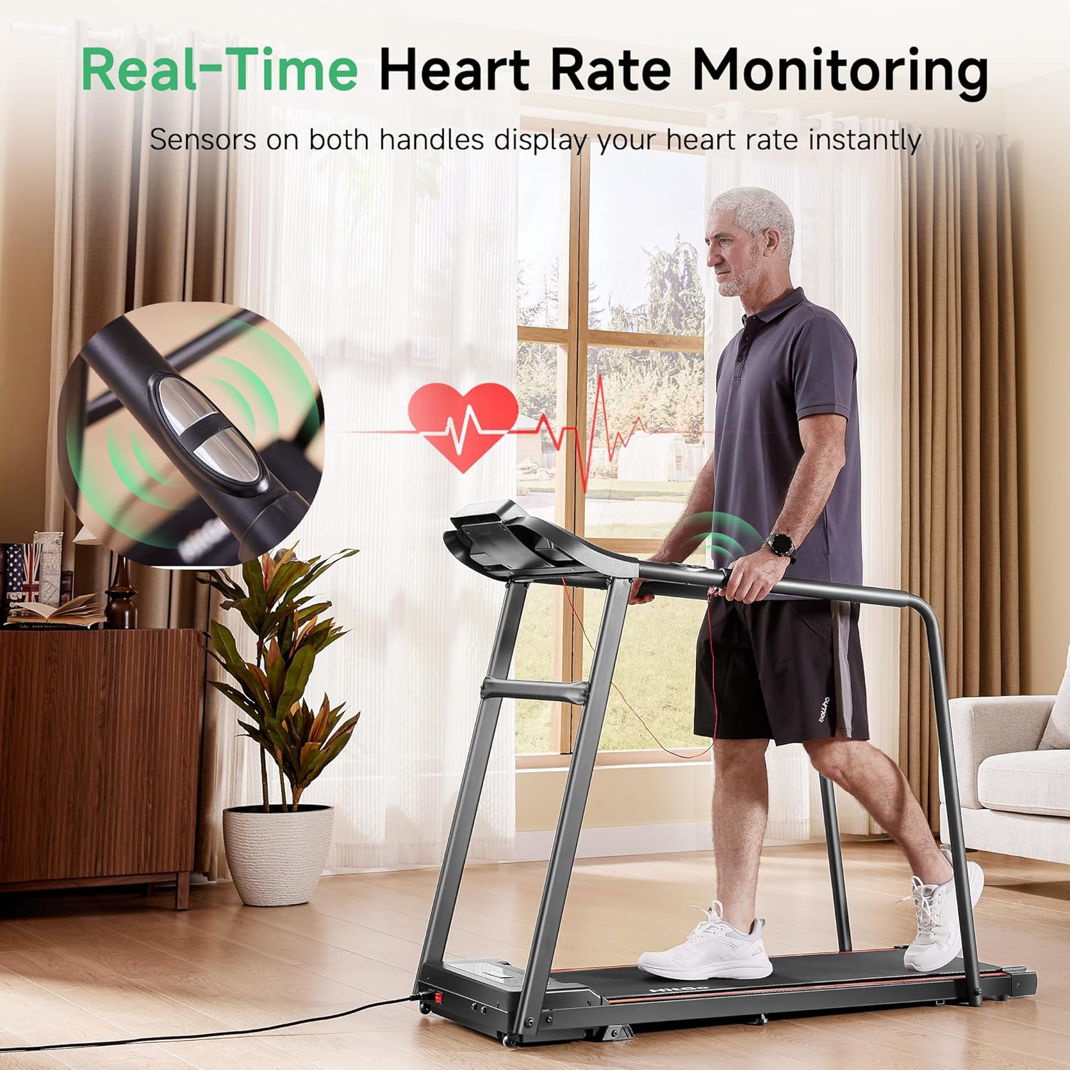 HitGo Walking Pad with Handrails for Seniors,43.3" Extra Long Running Belt,265 lbs Capacity,4% Incline,Quiet Under Desk Treadmill for Home Office & Recovery,Heart Rate Sensor & Smart App Support,Black