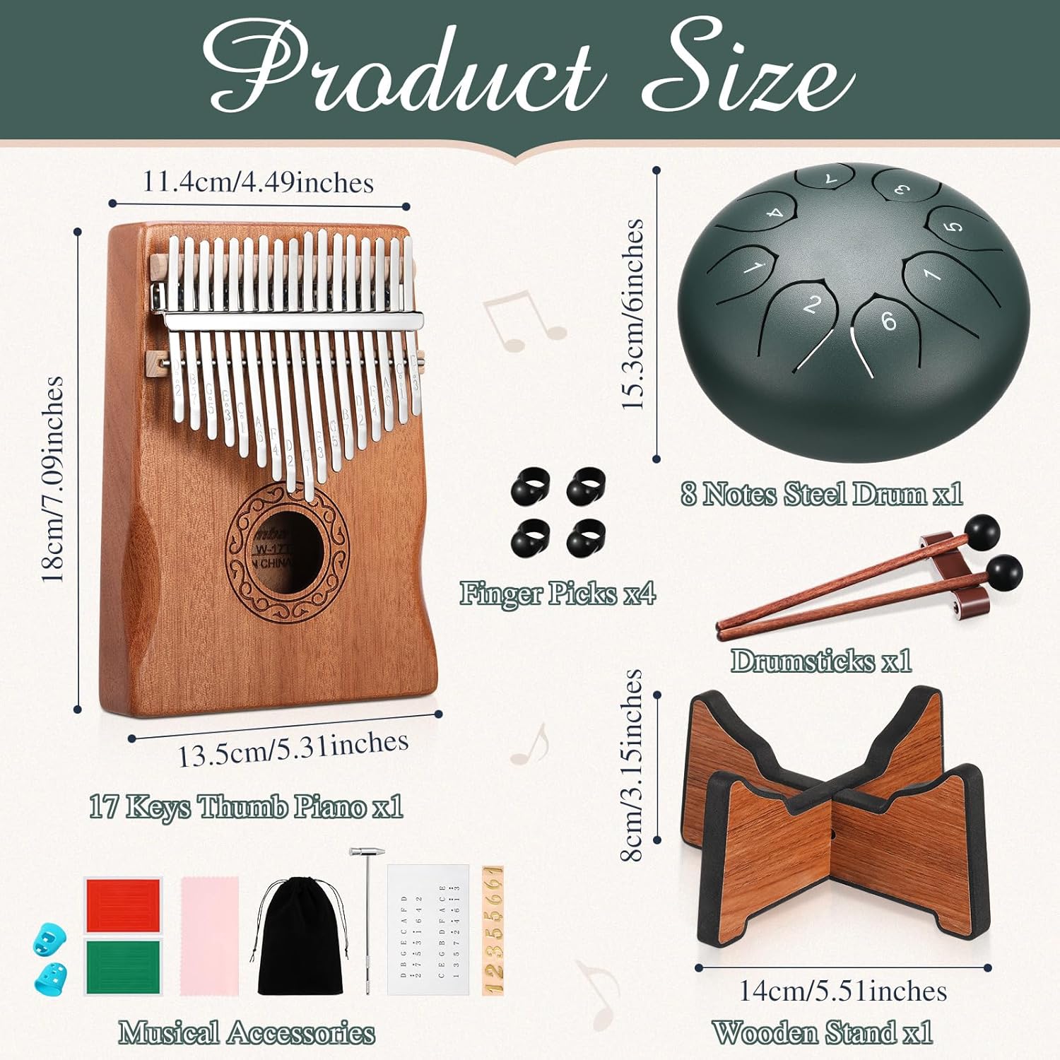 Rain Drum for Outside Garden Kalimba Thumb Piano Musical Instruments Set 8 Notes 6 Inches Steel Tongue Drum Rain Chimes 17 Keys Finger Piano for Beginners Gift(Mineral Green)