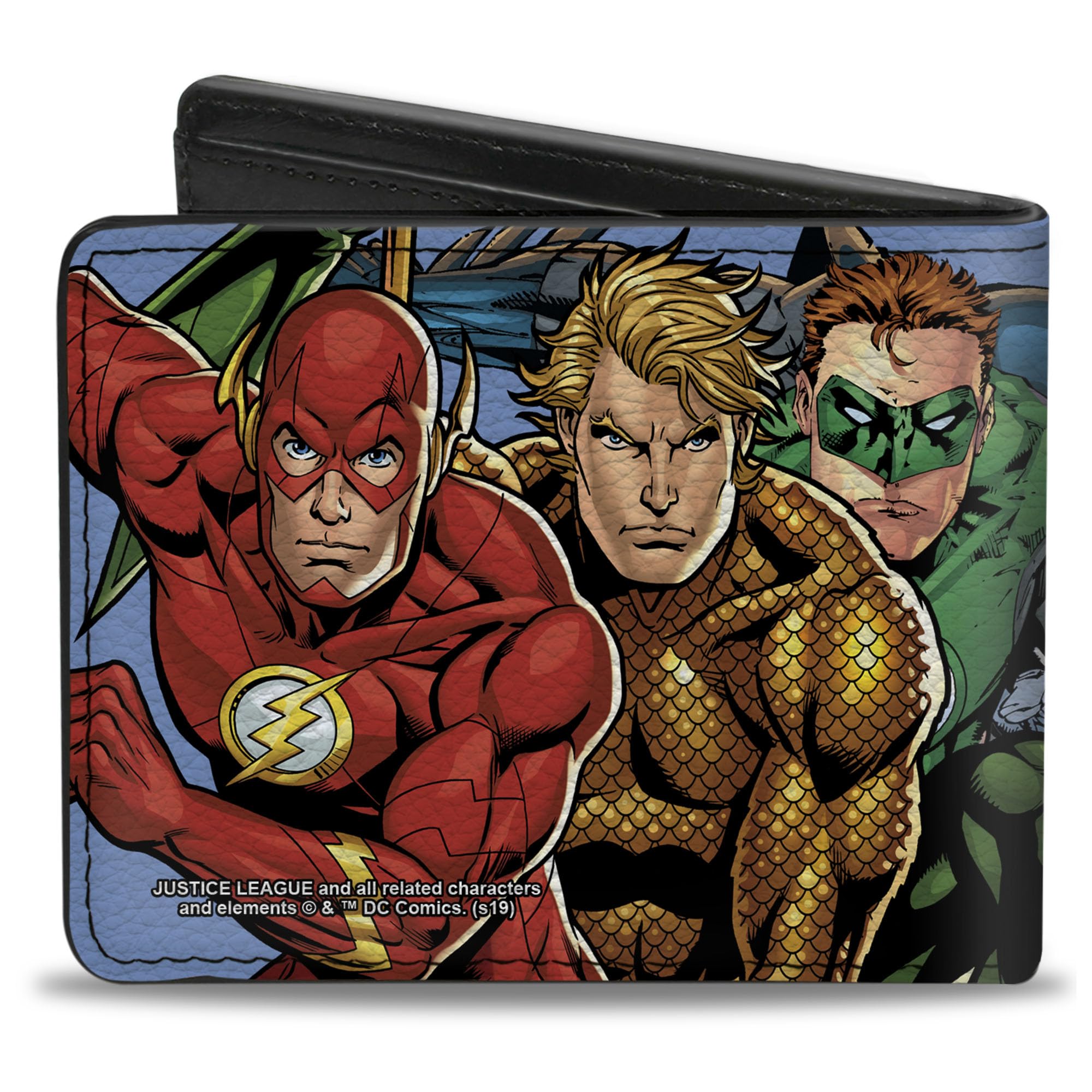 Buckle-Down Men's DC Comics Wallet, Bifold, Justice League New 52 Superhero Group Action Poses Sky Blue, Vegan Leather, 4.0