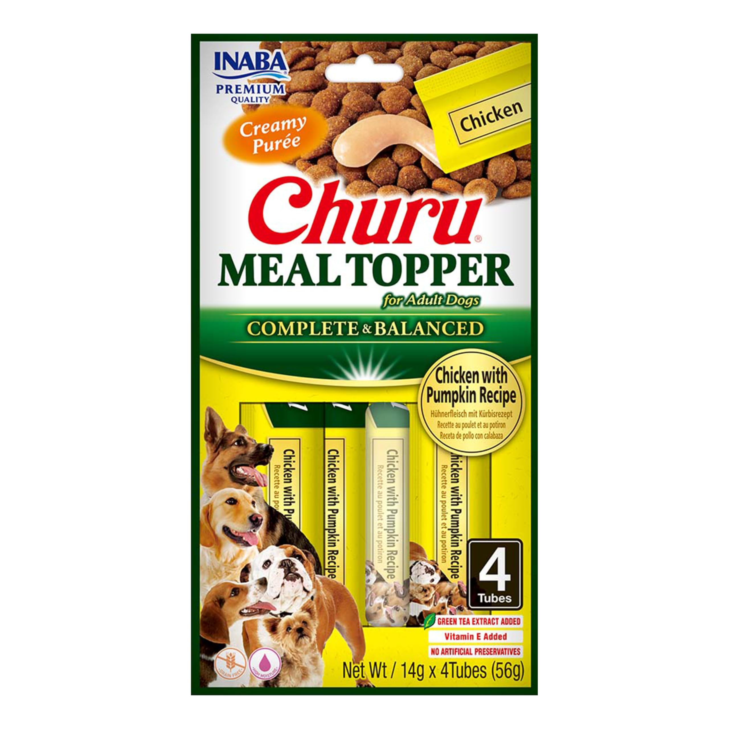 Churu Meal Toppers by INABA Dog Treat - Chicken with Pumpkin Recipe (4 x 14g) / Soft & Creamy, Delicious & Healthy Purée Food Topper, Natural, Grain Free, Wet Cat Food
