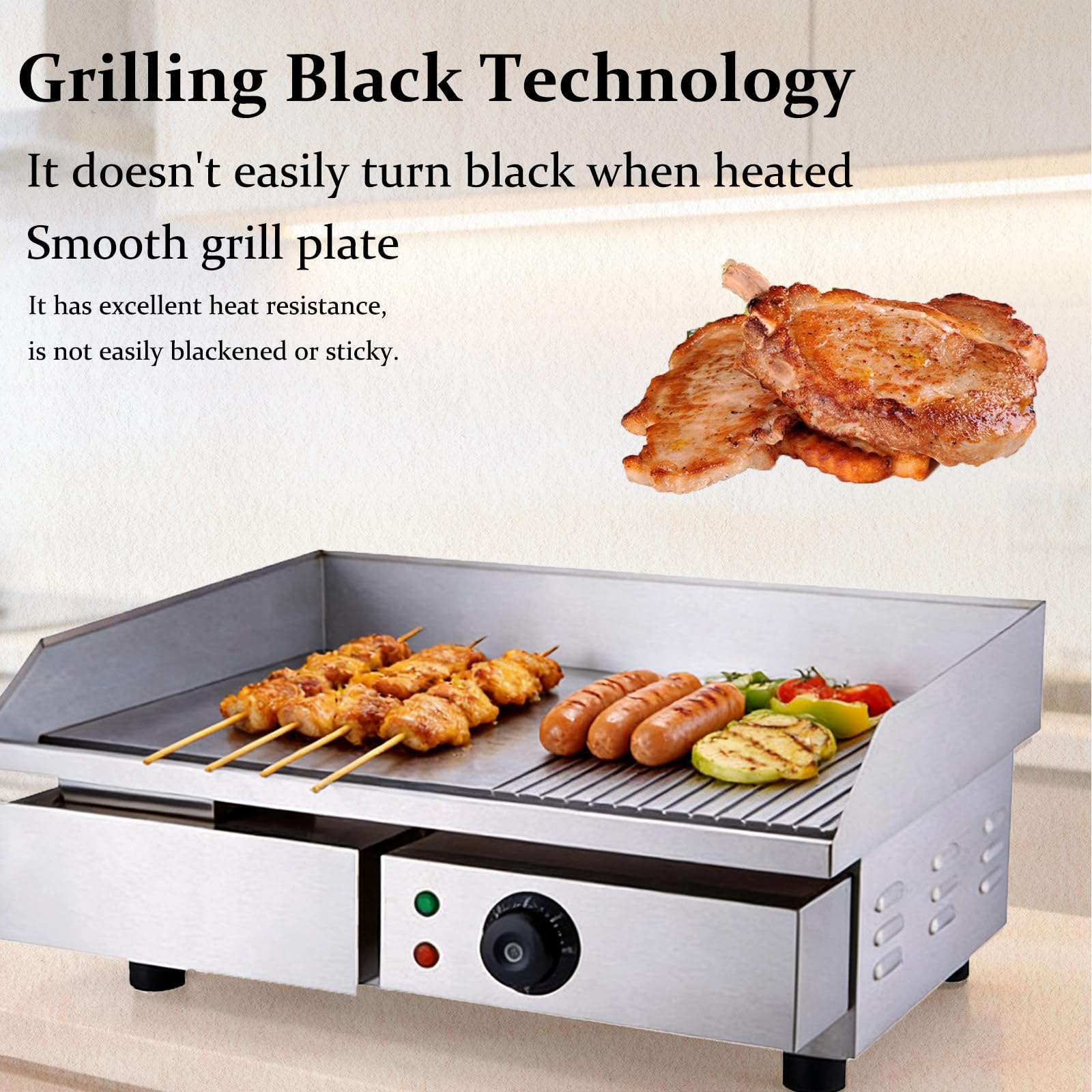 Plancha EléCtrica Comercial, Plancha EléCtrica Profesional, ProteccióN contra Salpicaduras Y Calor, Bandeja Recogegrasa, para Carne Y Panqueques 818-B