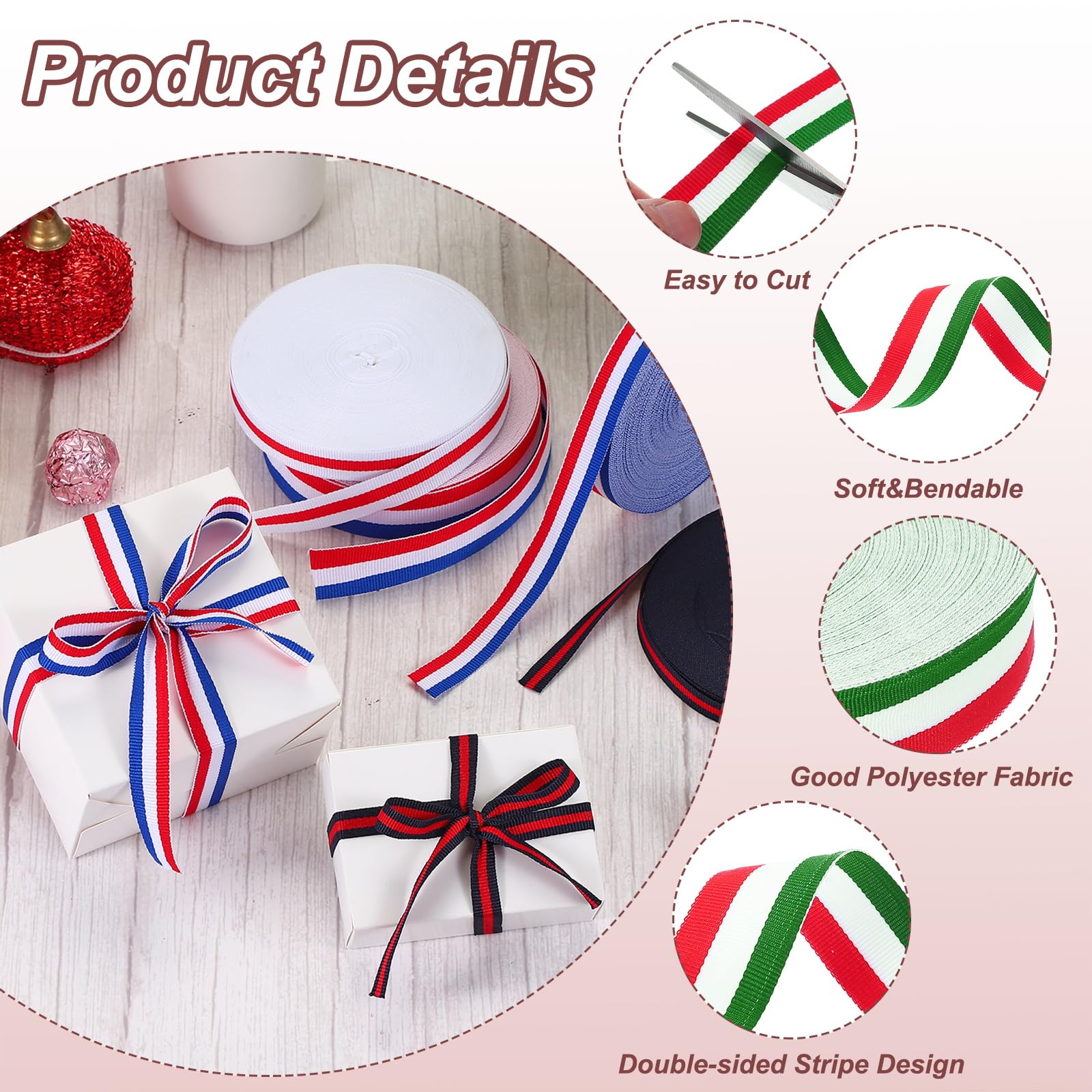 PATIKIL 1" Red White Green Striped Grosgrain Ribbon - Image 3