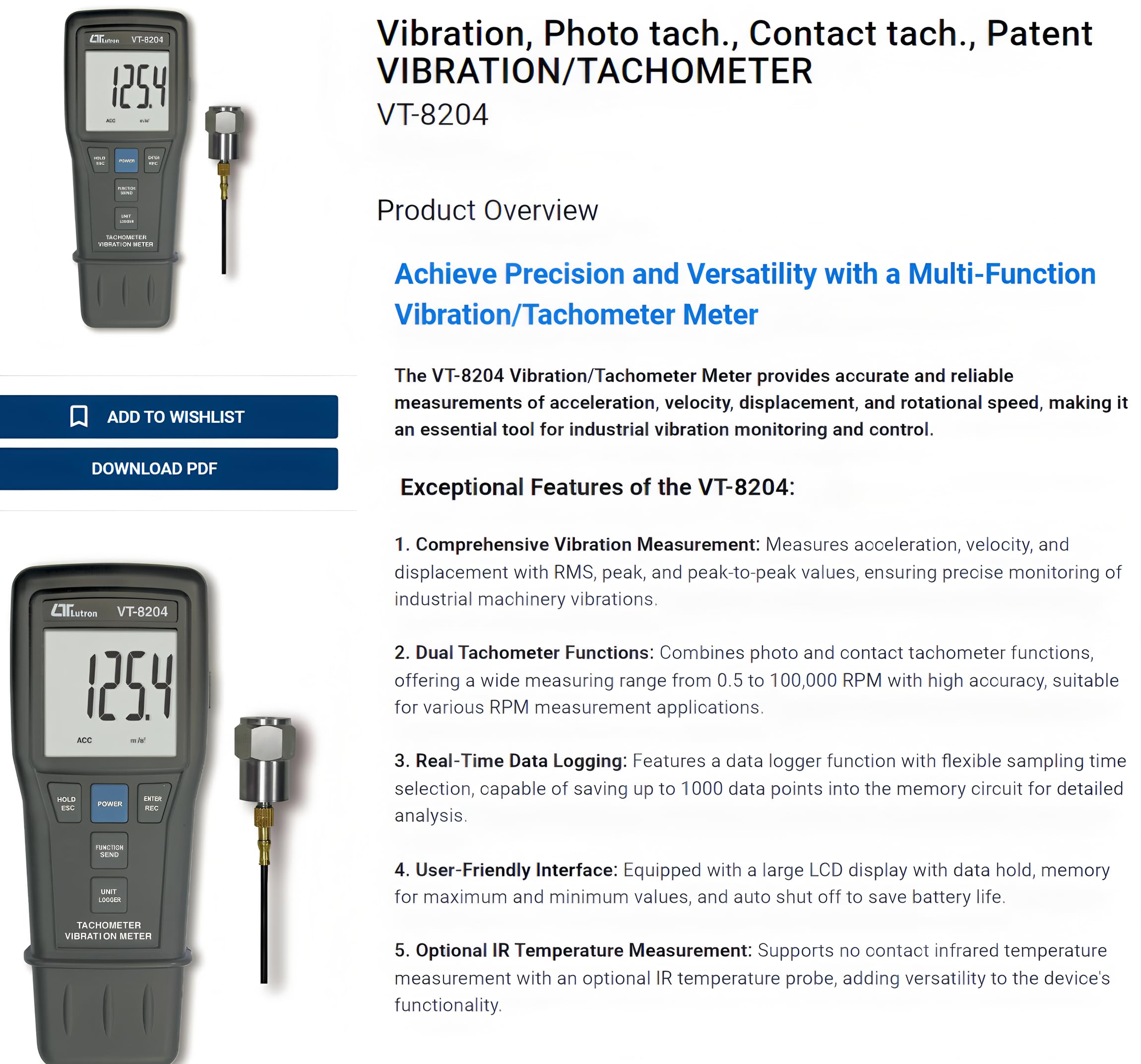 i-POOK 2 in 1 VIBRATION & TACHOMETER VT-8204 Portable Vibration Meter Tester with Photo tachometer Contact tachometer range 0.5 to 100,000 RPM with Data Logging Vibration Analyzer Testing Equipment