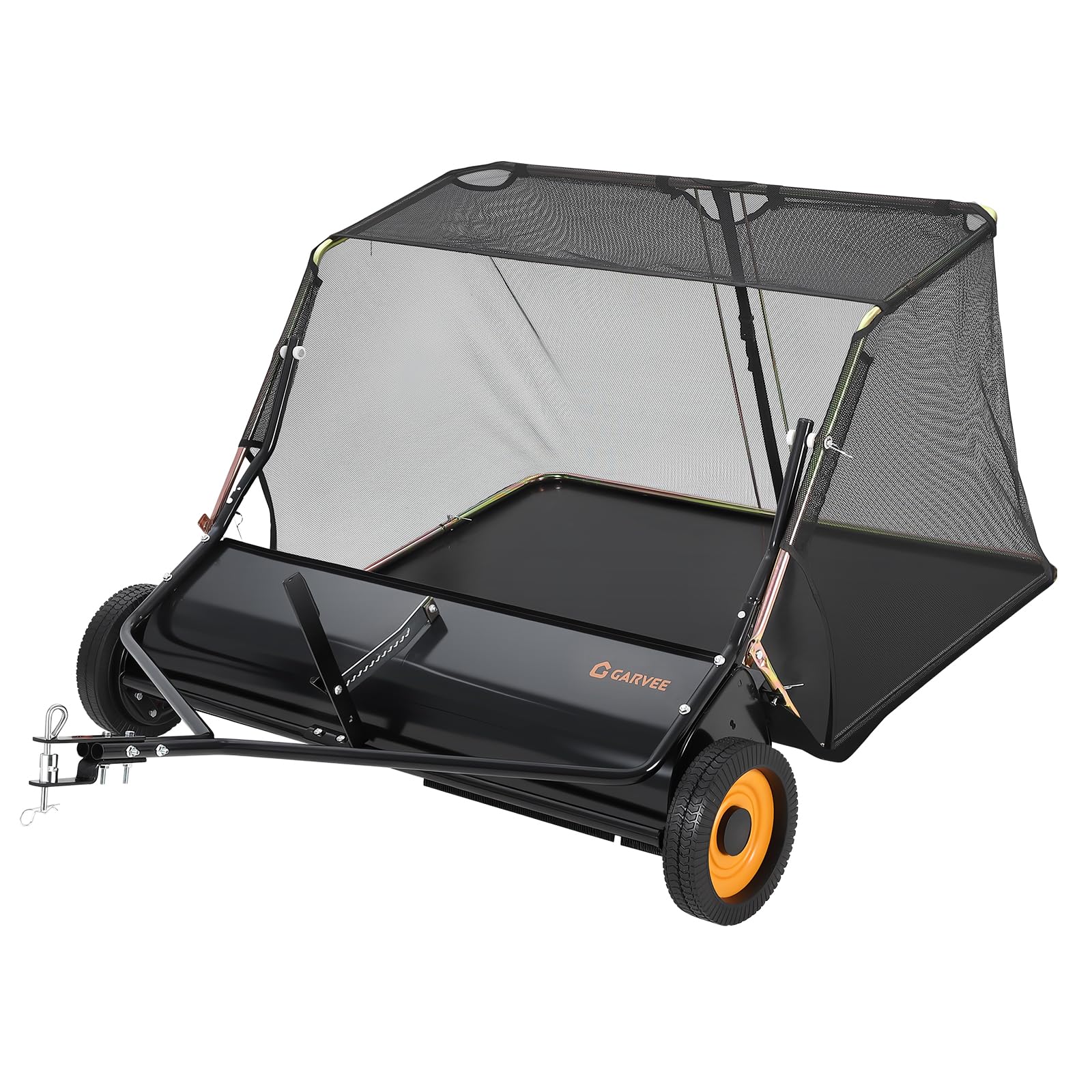 garvee tow behind lawn sweeper, 44 inch pull behind lawn sweeper, 26 cu. ft large hopper leaf collector, heavy duty yard sweeper with adjustable brush height lever for yard and grass cleanup tool