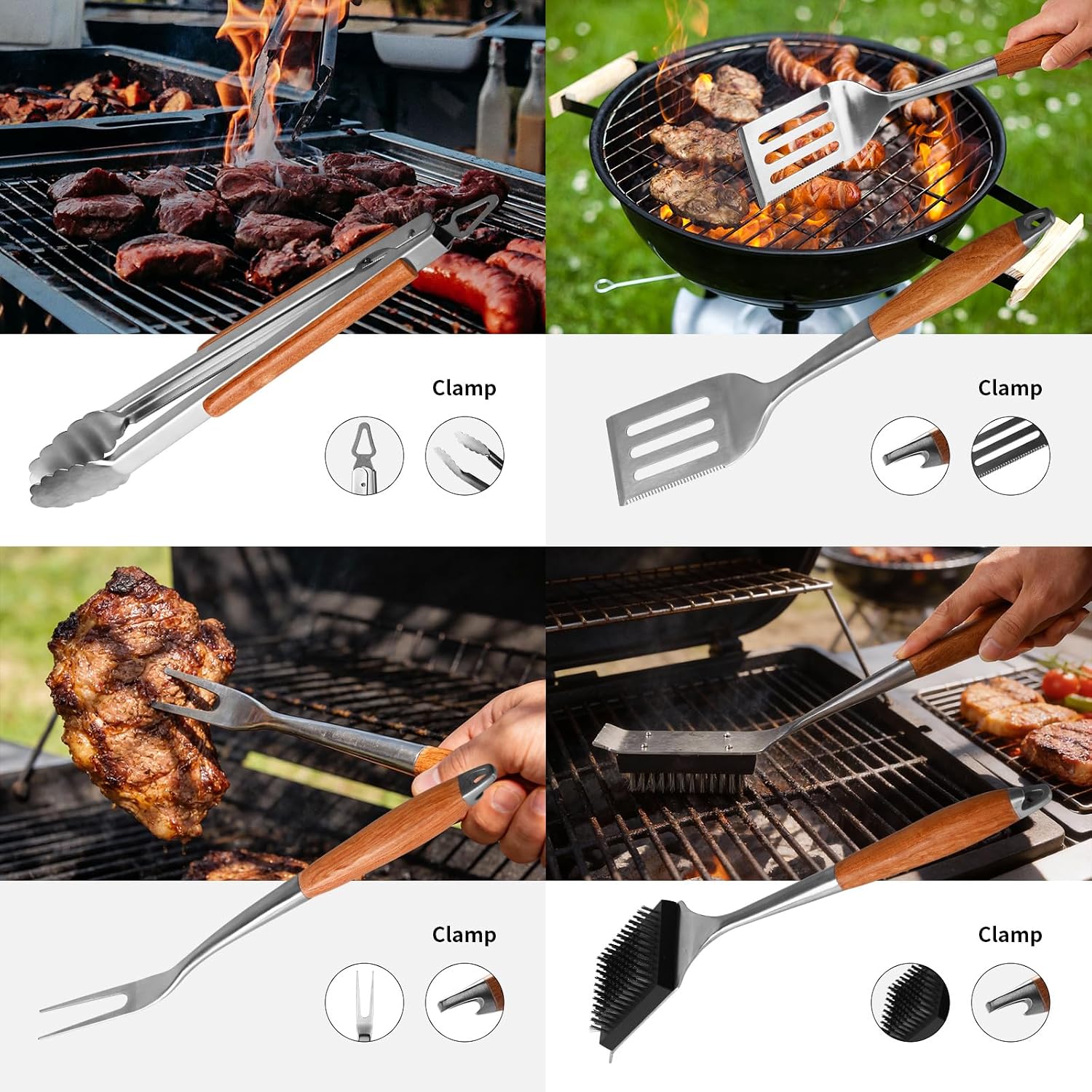 5in1 Heavy-Duty Rose Wooden BBQ Grilling Tools Set and BBQ Blanket for Resting Meat, Extra Thick SS Multi-Function Spatula, Fork, Brush & Tongs, Reusable Smoker Meat Insulated Bag, Ideal Gifts for Men