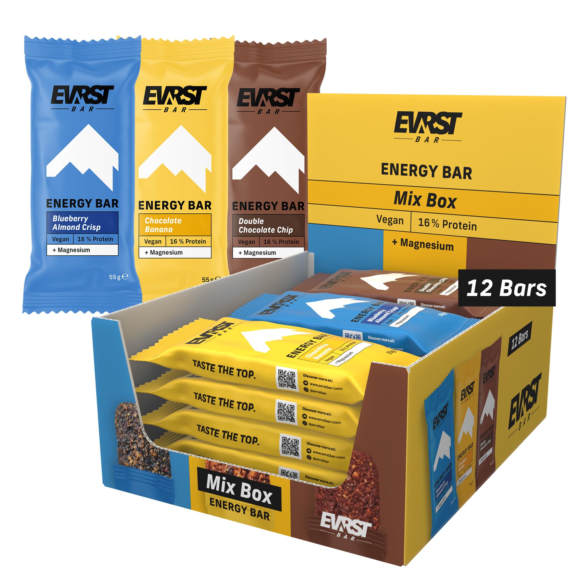 EVRST Energy Bars Mix Box | Energieriegel | 16% Protein | (12 Riegel x55g) | Vegan | Magnesium