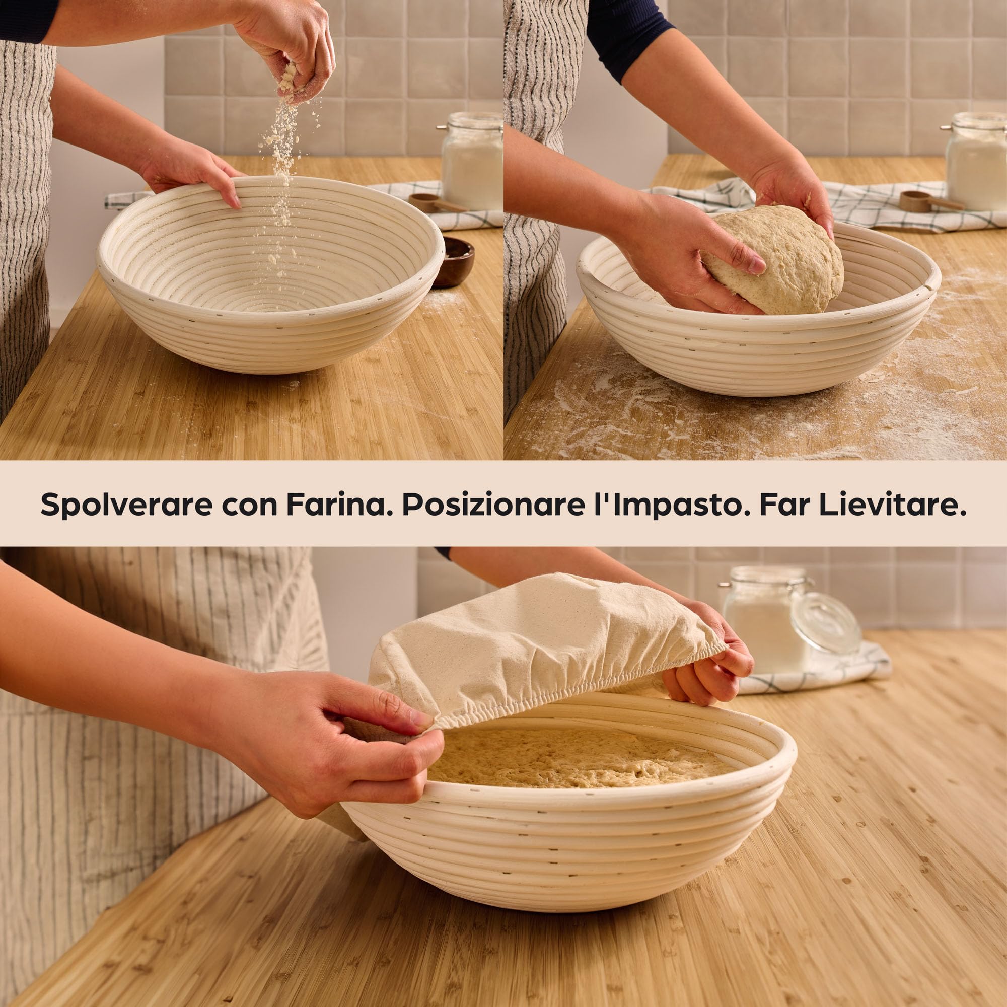 Praknu Cestino per Lievitazione del Pane - Rotondo - In Rattan Sostenibile - 30 cm - Kit con Spazzola, Fodera di Lino & Sacchetto per il Pane
