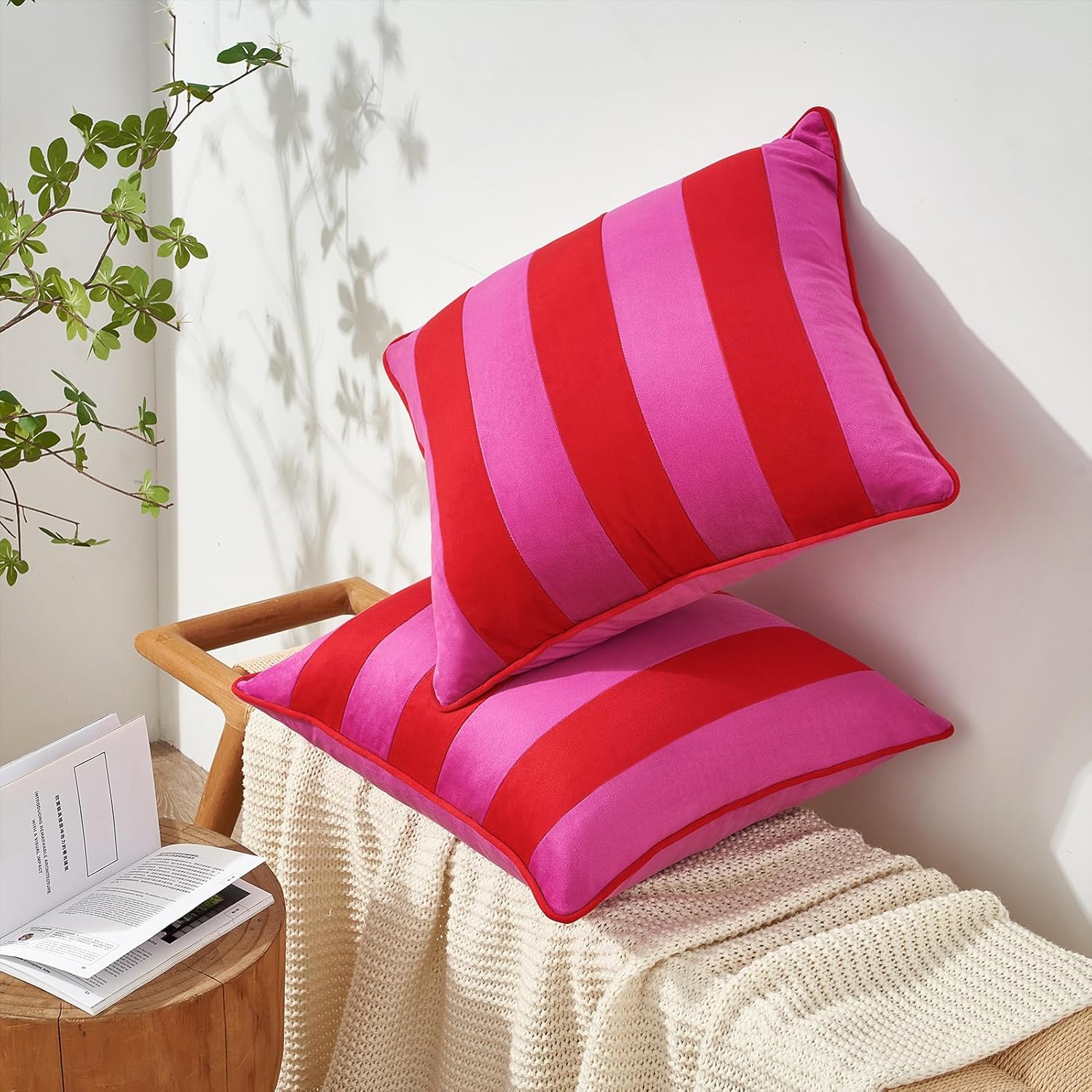 MONDAY MOOSE Decorative Throw Pillow Covers Cushion Cases, Set of 2 Soft Velvet Striped Piping Edge Designs, Pillow Inserts Not Included (20x20 inch, Hot Pink/Red) - Image 8