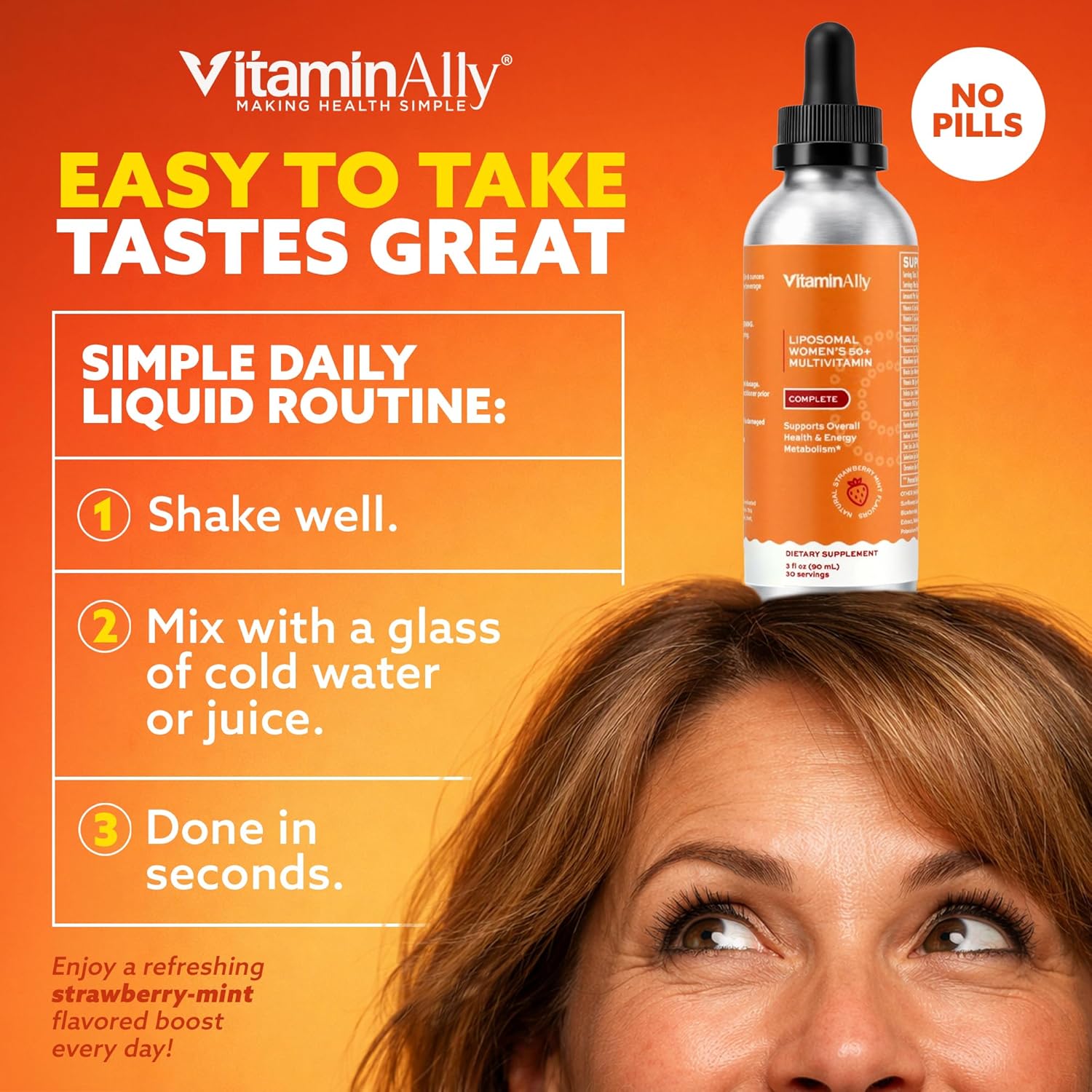 Women’s 50+ Liposomal Liquid Multivitamin – 16 Essential Vitamins & Minerals for Energy, Bone & Immune Support – Sugar-Free, Non-GMO, High Absorption – Strawberry Mint, 30 Servings