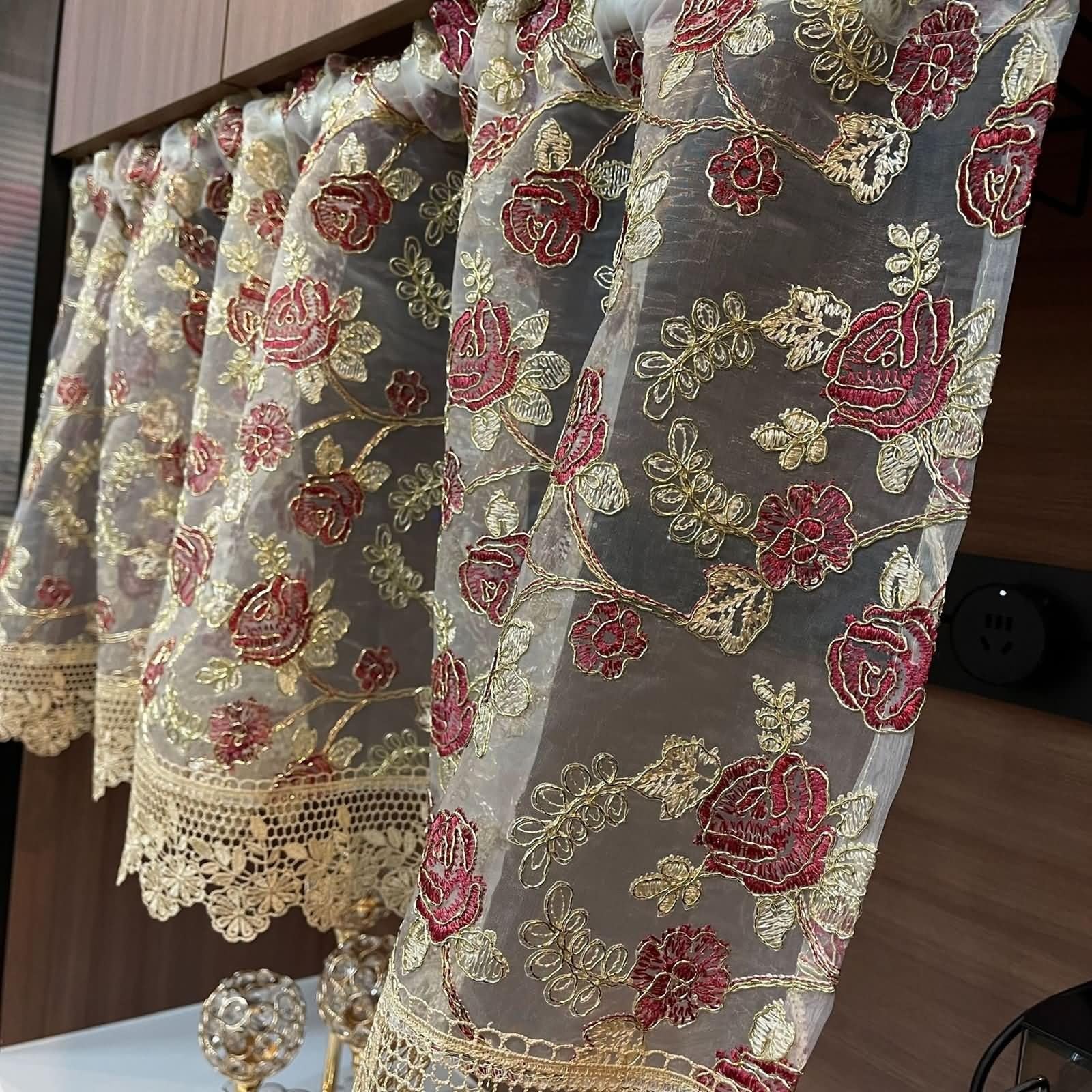56 cm długie krótkie zasłony czerwone khaki, koronkowe kwiatowe zasłony kuchenne