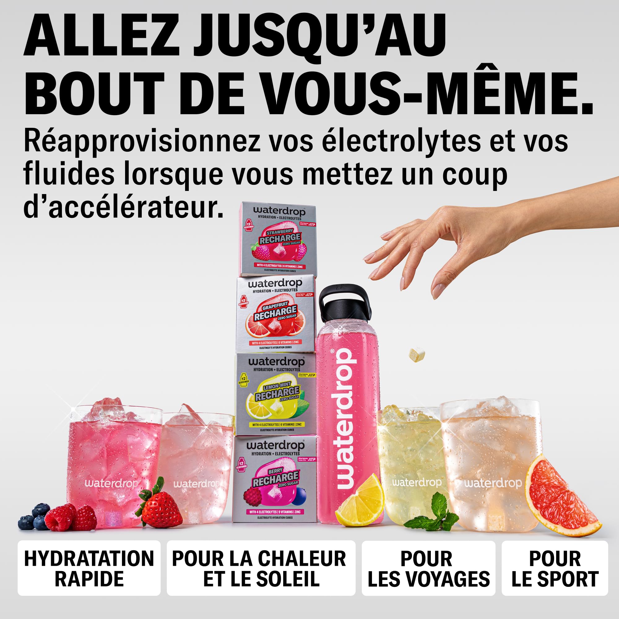 waterdrop® Microlyte Mix – Électrolytes sans sucre pour hydratation sport – 36 cubes de boisson avec magnésium, calcium, zinc et sodium – Arômes Fraise, Pamplemousse & Citron-Menthe rafraîchissants
