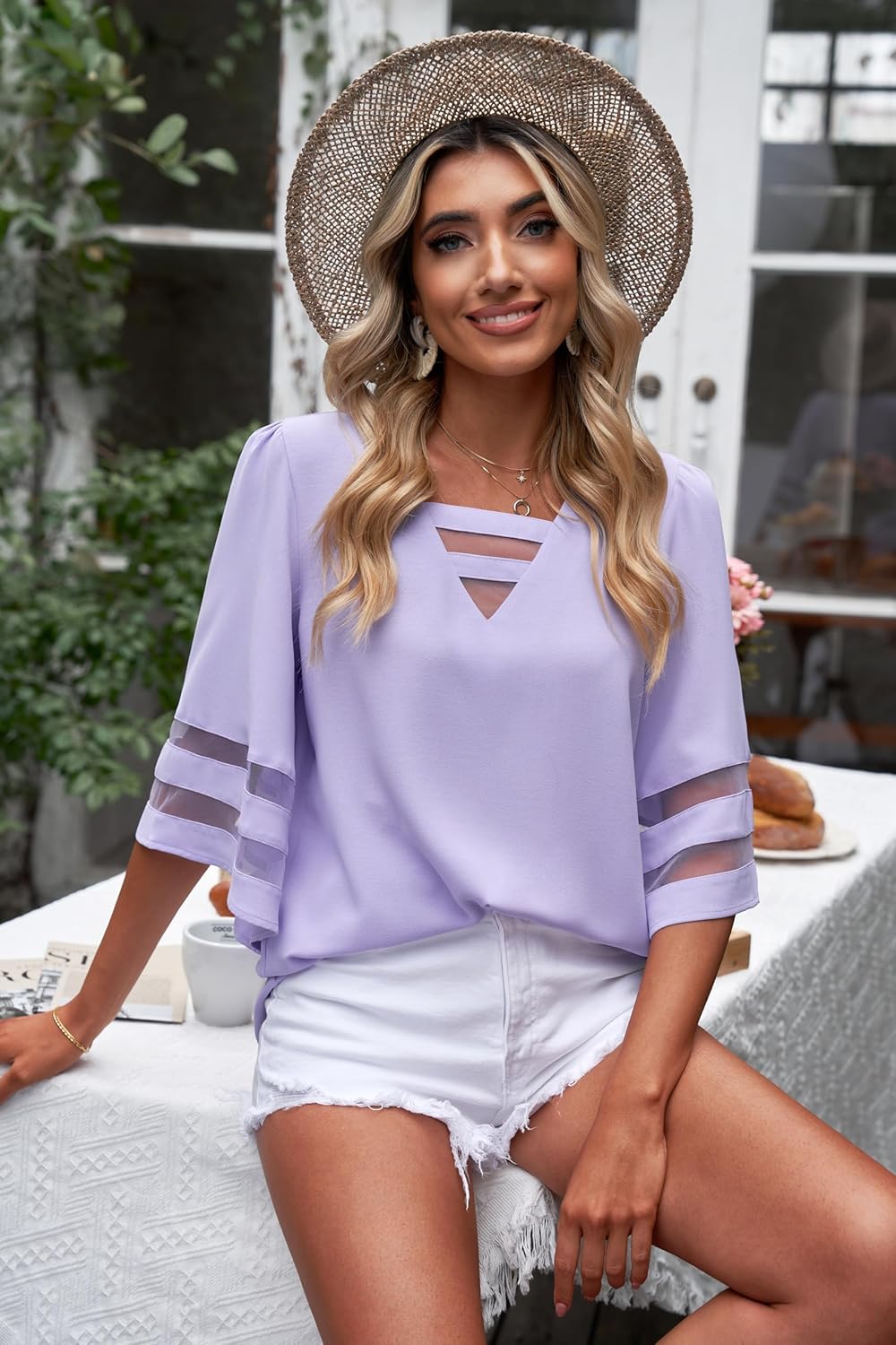 LookbookStore Tops for Women Trendy 2024 Dressy Casual V Neck Mesh Panel Blouse 3/4 Bell Sleeve Shirt - Image 6