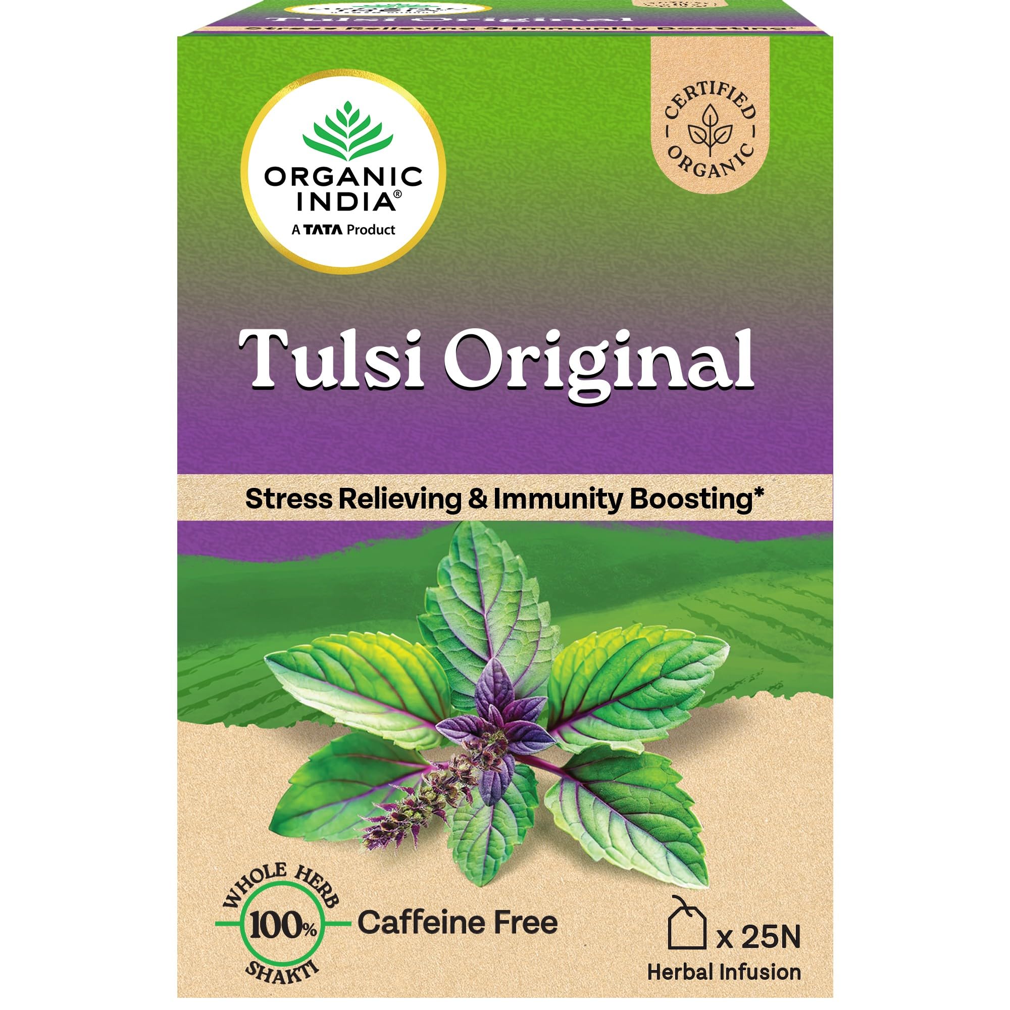 A TATA Product - Organic India Tulsi Original - 25 Tea Bags, Caffeine-Free Herbal Tea with Tulsi, Natural Detoxifier, Rich in Antioxidants, Convenient Staple-Free Bag