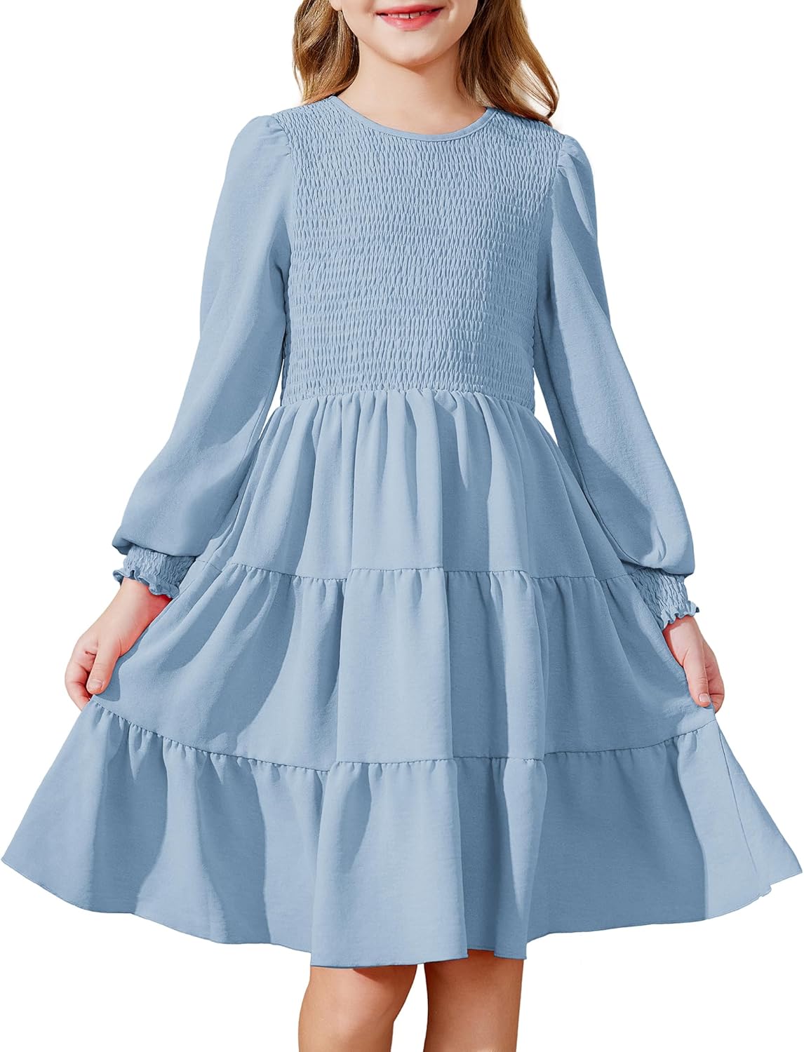 Arshiner Girls Dress Fall Boho Long Sleeve Shirred Smocked Tiered Party Dresses with Pockets